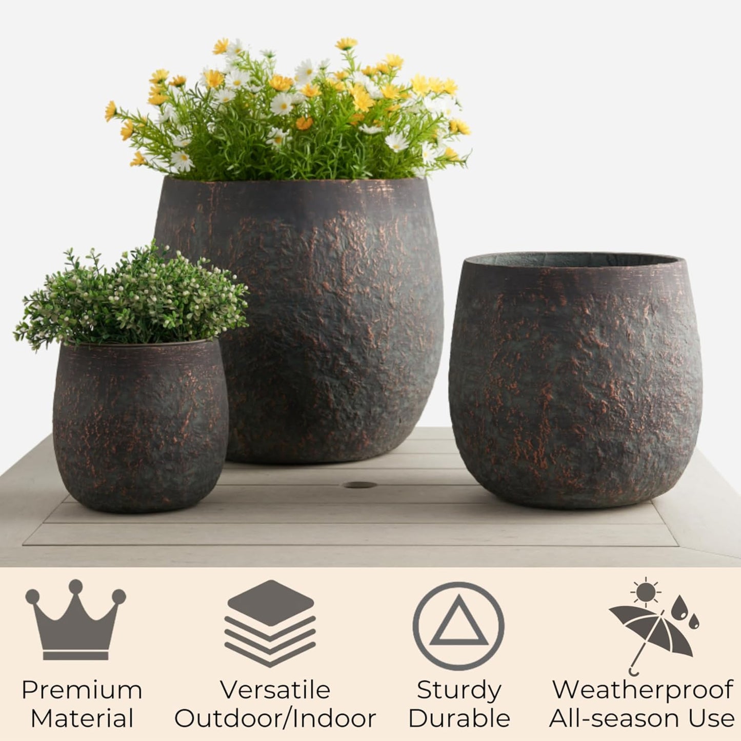 Large Outdoor Planter, 17.32"+12.99"+9.06" Dia Round Weathered Concrete Planter Set of 3, Flower Pots with Drainage Holes, Sealing Plug for Garden, Patio, Home, Office, Greenish Bronze Rust