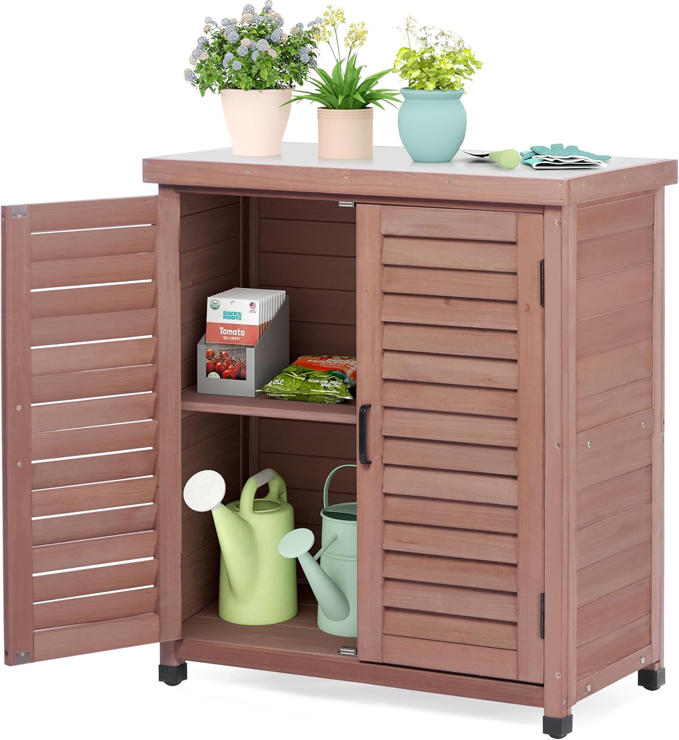 Outdoor Storage Cabinet & Potting Bench Table with Metal Top, Wooden Patio Furniture, Garden Workstation (Dark Brown, 36x31x17in)