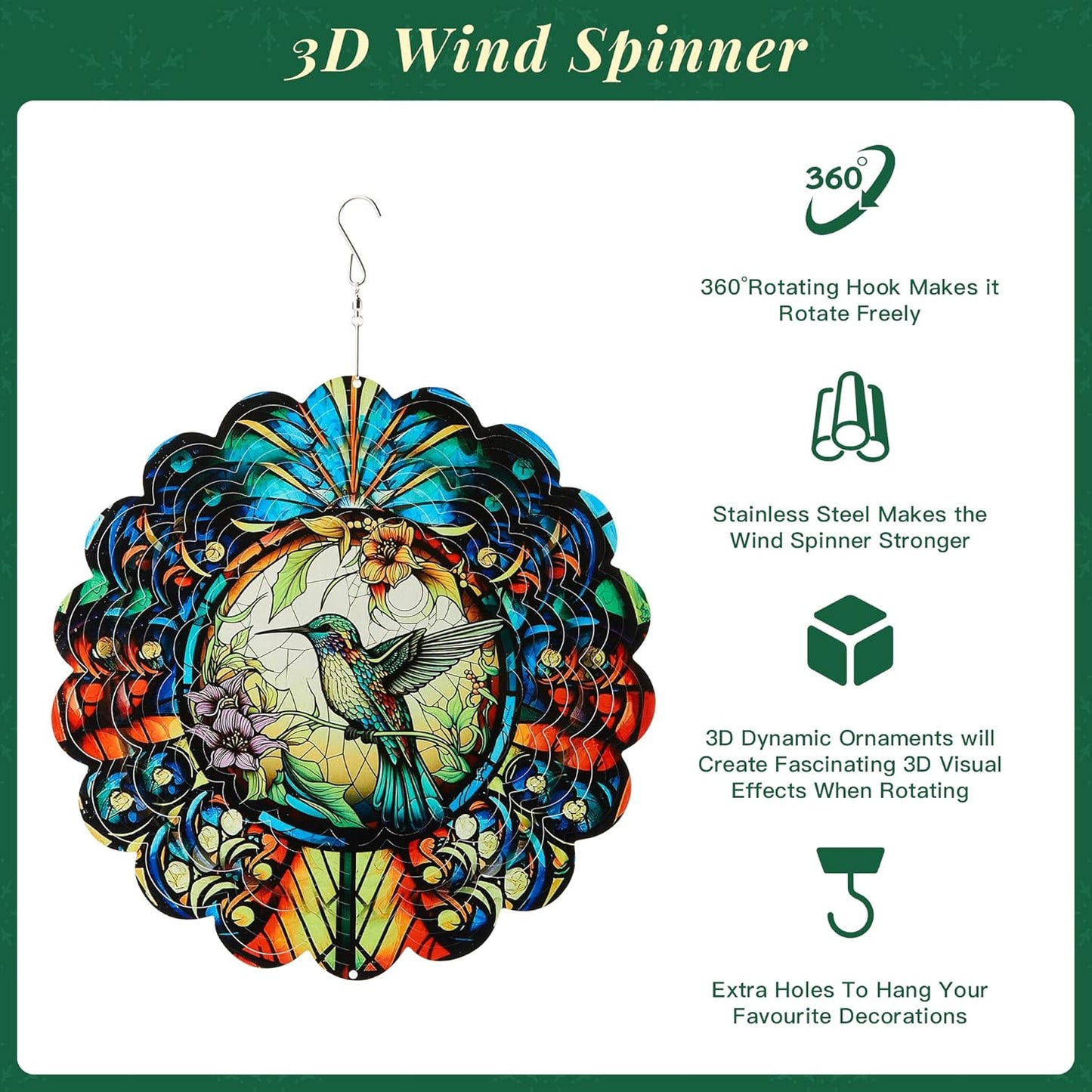 Hummingbird Outdoor Wind Spinners Decorations, Birthday Gifts for Women Mom Wife Grandma, 12 inch 3D Wind Sculptures for Indoor/Outdoor Decor, Yard Art, Garden Decorations