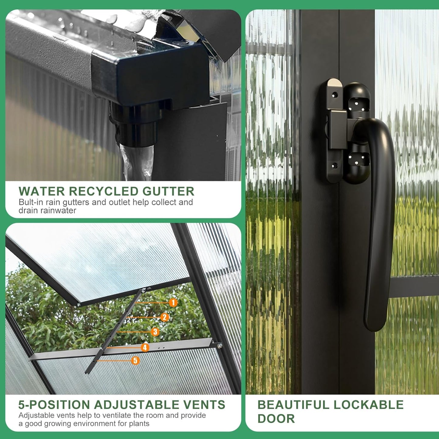 JULY'S SONG 10x12 FT Greenhouse for Outdoor, Large Easy Assembly Heavy Duty Polycarbonate Panels Aluminum Frame Walk-in Green House with 2 Windows Wider Door for Garden Plants Outside