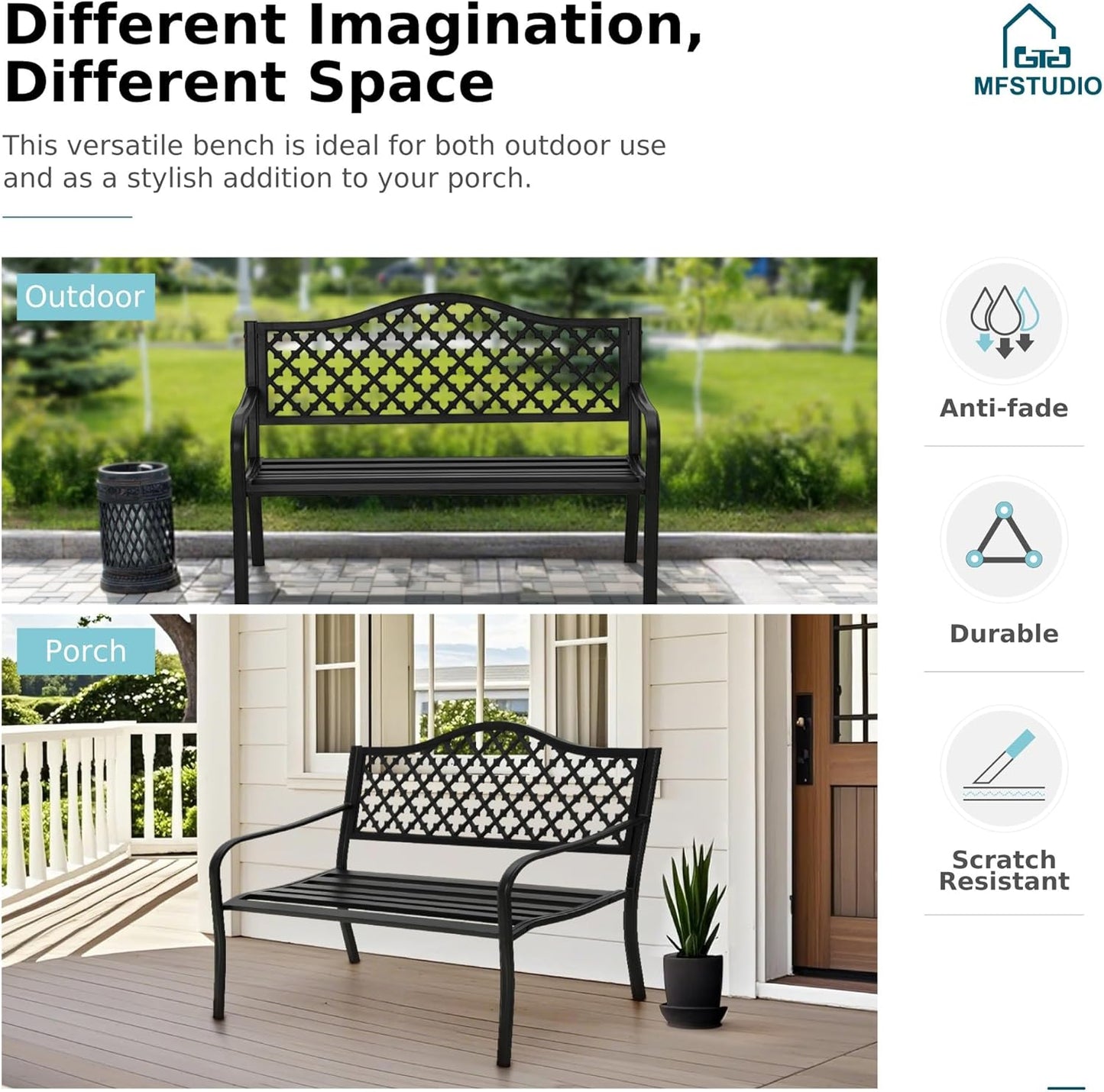 MFSTUDIO 50" Black Outdoor Metal Garden Bench, Cast Iron Frame Patio Furniture with E-Coating, Perfect for Porch and Yard
