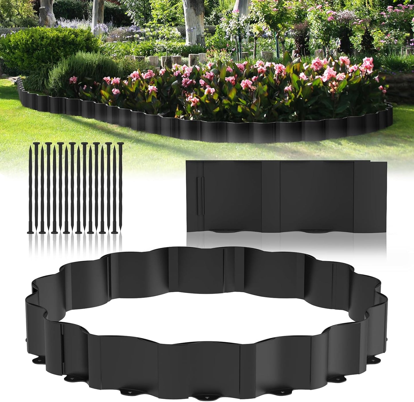 Mars Villa Landscape Edging 20FT, Interlocking Landscape Edging 5.9in No Dig Garden Edging Border for Landscaping, Flexible Flower Bed Lawn Edging for Outdoor Pathway, with Stakes,(Black,16PCS)