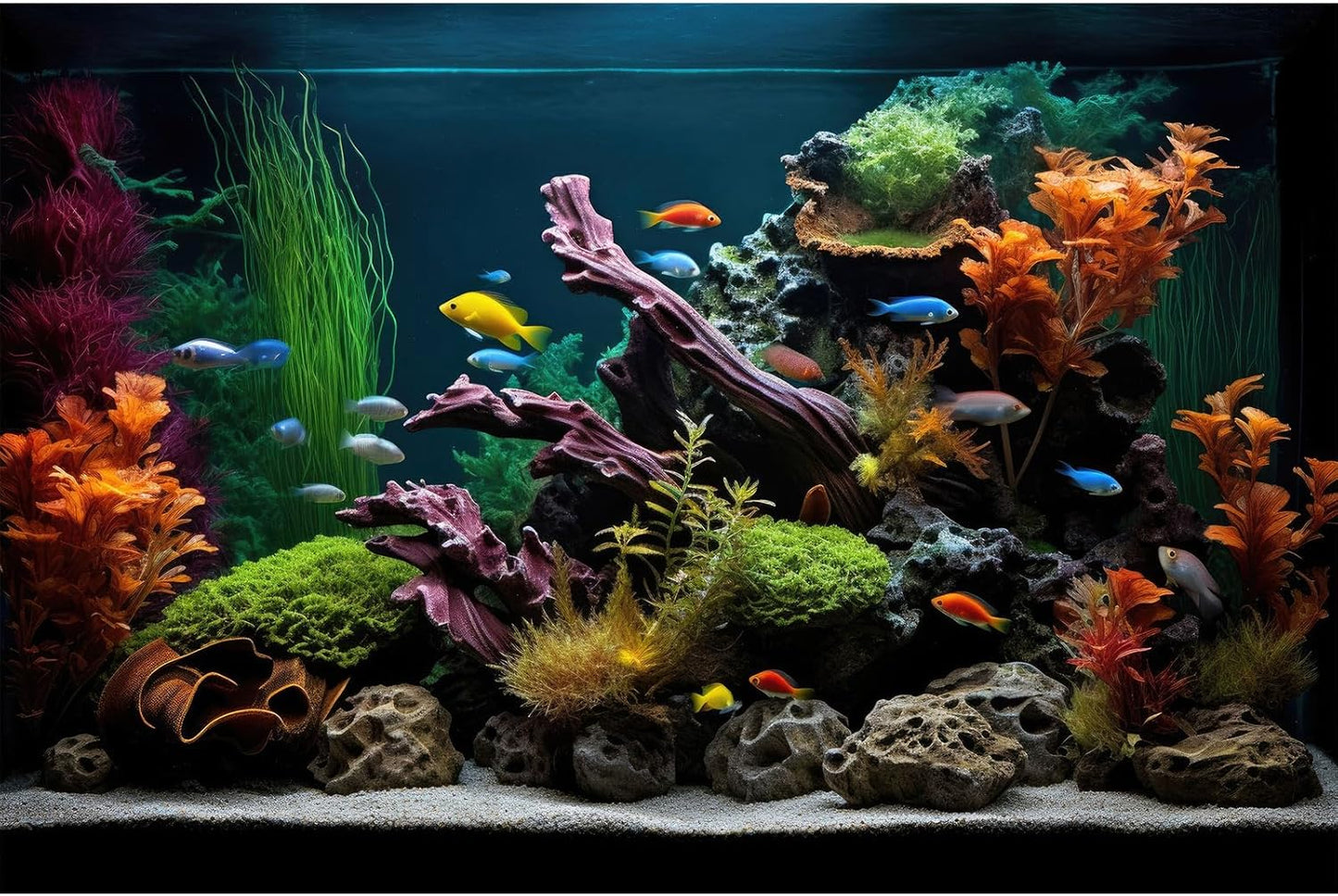 Aquarium Background Lush Aquatic Colorful Plants Terrarium Background Redwood Root Coral Reef Jungle Style Fish Tank Background Amazing Underwater View Aquarium Backdrop Wallpaper Poster Vinyl 72x24in