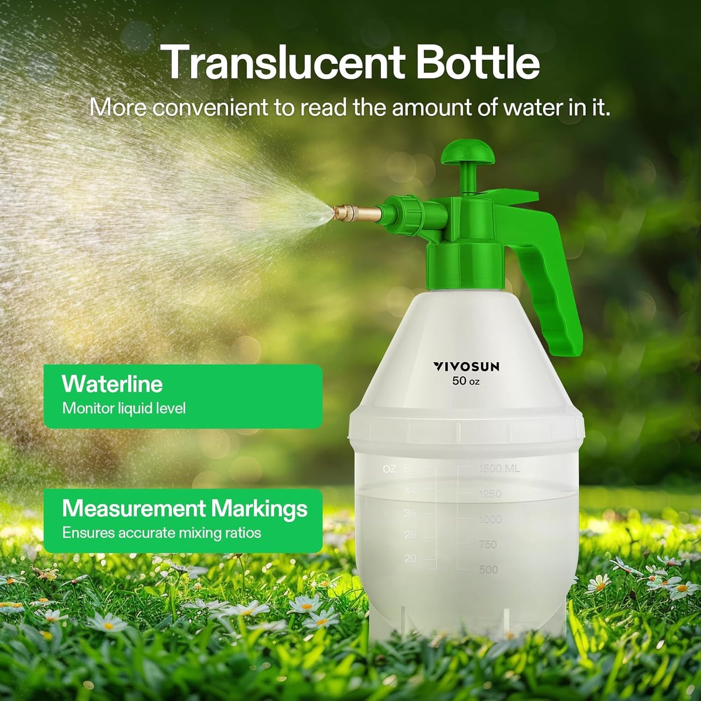 VIVOSUN 50oz Pump Sprayer, Handheld Garden Water Sprayer Bottle with Adjustable Brass Nozzle, for Spraying Plants, Flowers, Weeds and Cleaning, Green