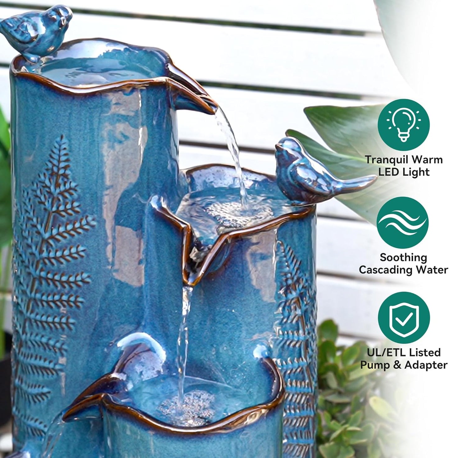 32 Outdoor Water Fountain, Unique Vase Ceramic Fountain withs Lights, 4-Tier Waterfalls with Birds, Tranquil Oasis for Garden Patio Yard Deck Balcony Decor, Tropical Fern, AquavTurquoise