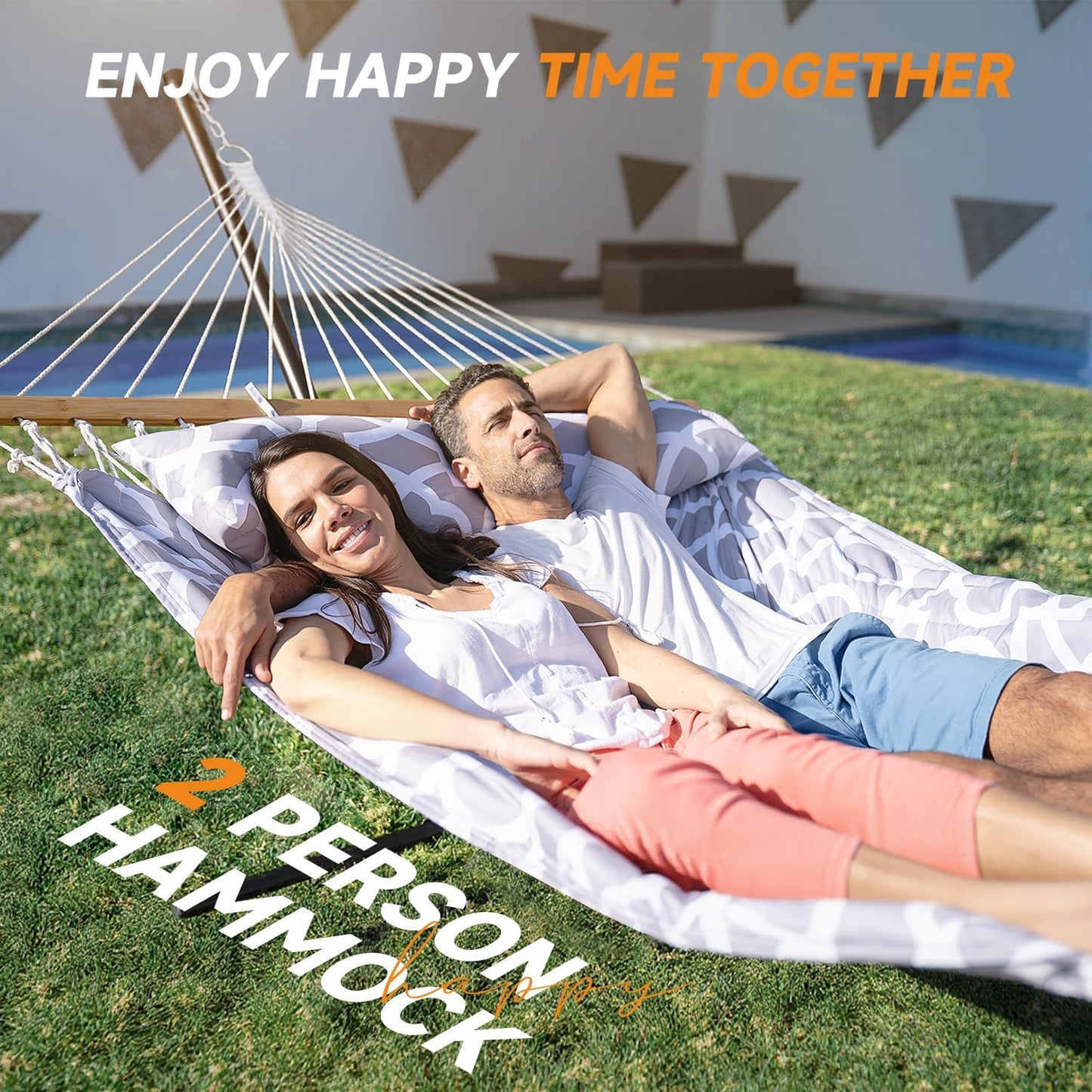 2 Person Outdoor Hammock with Stand, Cotton Rope Hammock with Polyester Pad, Adjustable Steel Frame, Portable with Carrying Bag – for Patio, Backyard, Garden, Beach, White-Gray