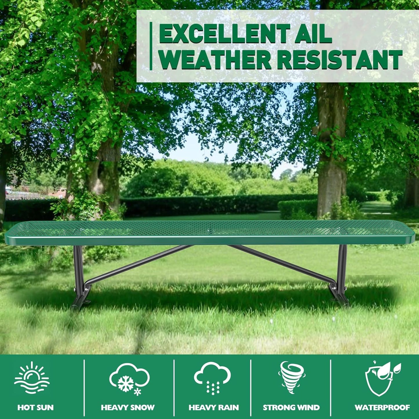 Heavy-Duty Park Bench or Table for Outside - Black Coated Outdoor Furniture Steel Bench, Commercial-Grade Outdoor Benches Weatherproof for Park, Patio, Porch (Green, 8FT (Without Backrest))