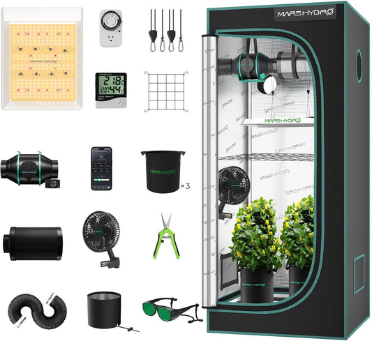 MARS HYDRO 2x2 Grow Tent Kit Complete System with 10 Speed Clip Fan,100W TS600 LED Full Spectrum Grow Light,24"x24"x55" 1680D High Reflective Mylar Grow Tent,4 inch 205 CFM Smart Ventilation System