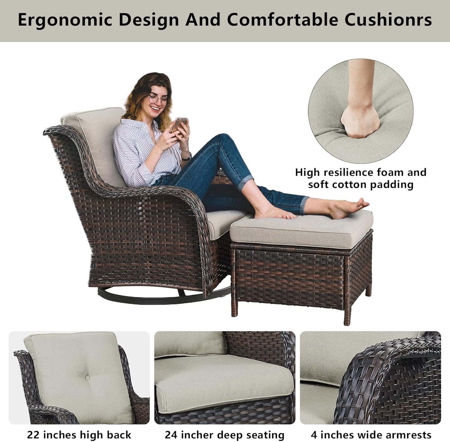 Wicker Patio Furniture Sets - 8 Piece Outdoor Rattan Furniture Conversation Sets with 4 Swivel Rocker Chairs, Rattan Sofa, Wicker Ottomans and Coffee Table, Brown/Beige