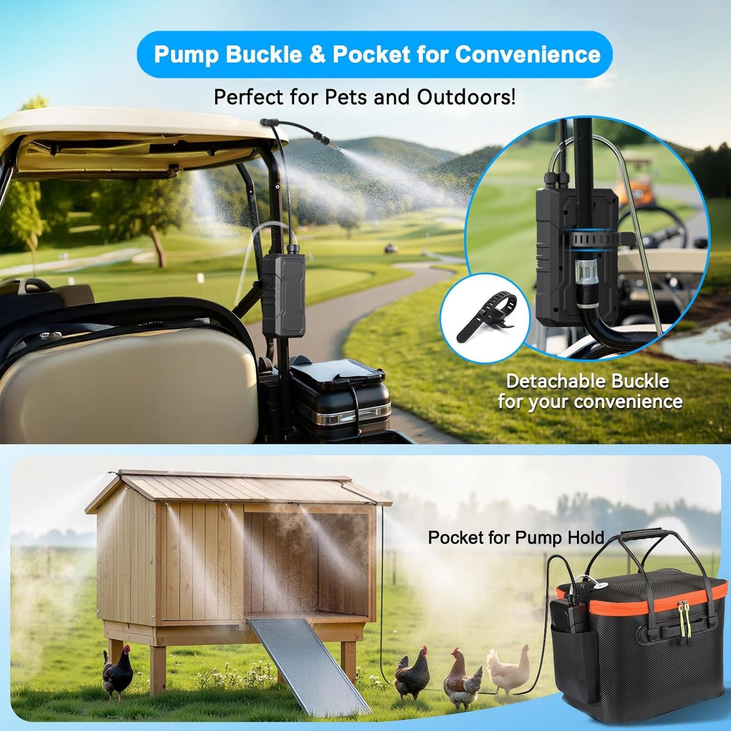 Ausic Portable Misting Systems, Outdoor Water Cooling Misters Set with 6000mAh Water Pump, 20L Bucket, 26FT (8M) Hose, 6*Nozzles, 10*Clips/Ties for Patio/Umbrella/Pasture/Greenhouse/Canopy/Camping
