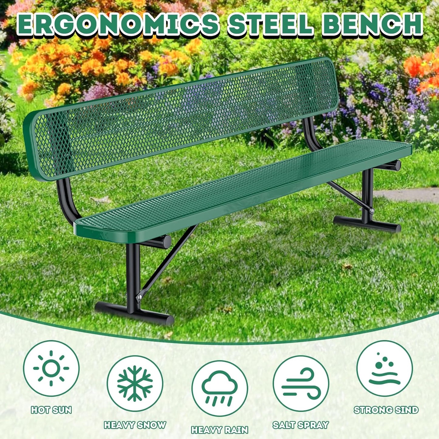 Outdoor Garden Bench, Cast Iron Metal Frame Patio Park Bench with Backrest, Portable Expanded Metal Black Bench, Commercial-Grade Outdoor Seating for Lawn, Patio, Park, Yard, Garden (Green, 8FT/96'')