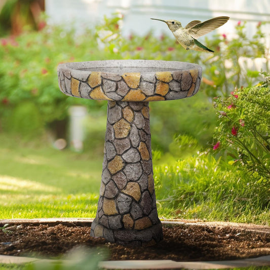Outdoor Concrete Bird Bath - 24" H * 18.8" Φ Mosaic Stone Design BirdBath Perfect for Adding Interest to Garden, Patio, Backyard, Porch and Deck