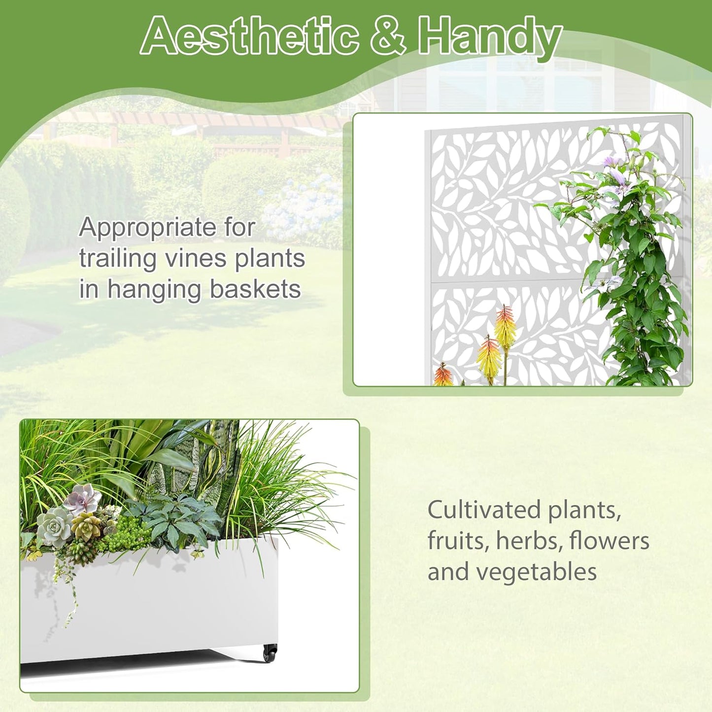 Raised Garden Bed with Trellis and Wheels,73"x35"x16" Metal Raised Garden Bed,White Flowing Leaf-2 Metal Planter with Climbing Trellis for Vines & Vegetables