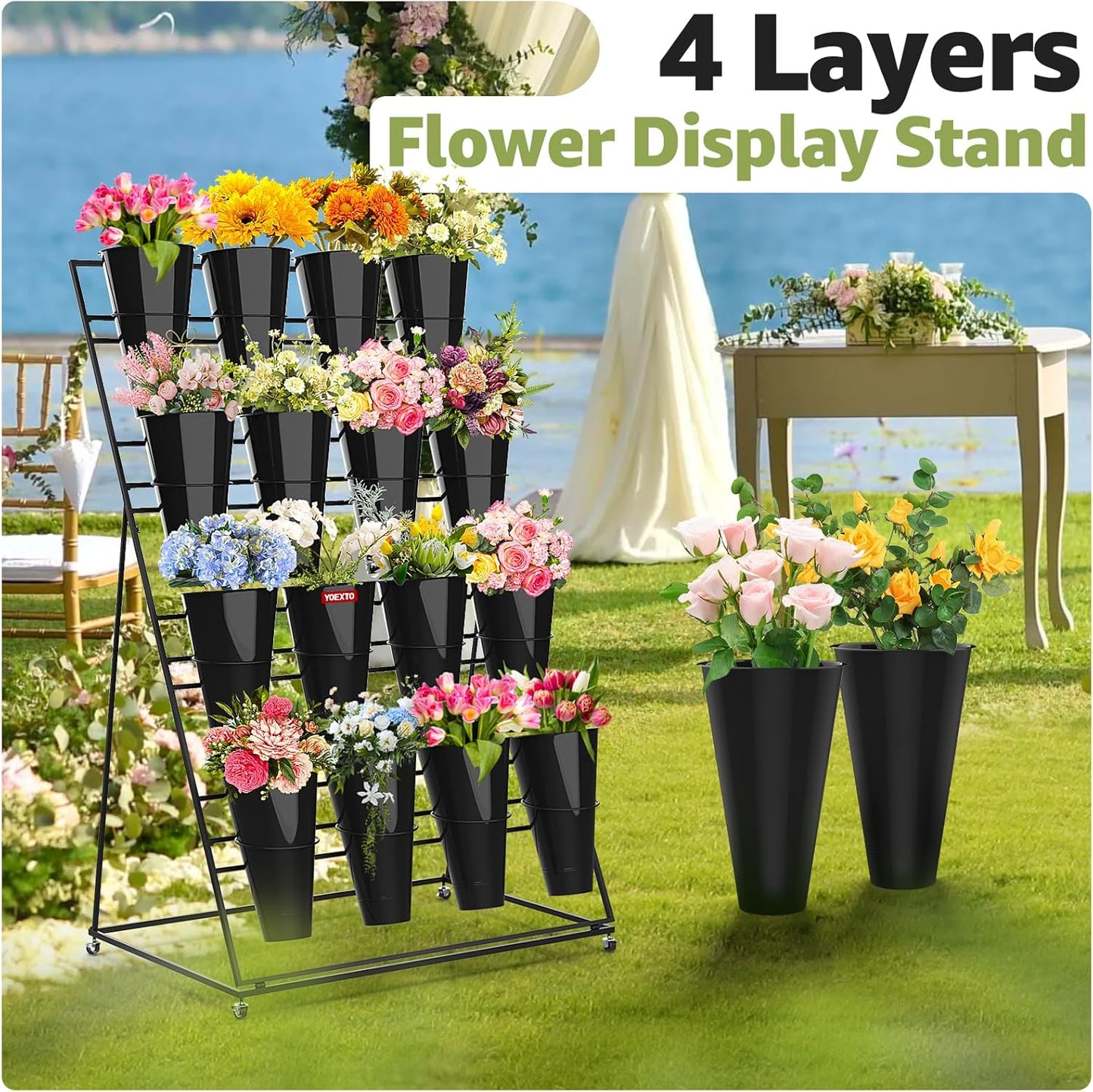 Flower Display Stand 4 Layers with 16 PCS Round Buckets, Plant Stand with Wheels, Movable Metal Plant Stand for Terrace Garden, Florist Shop