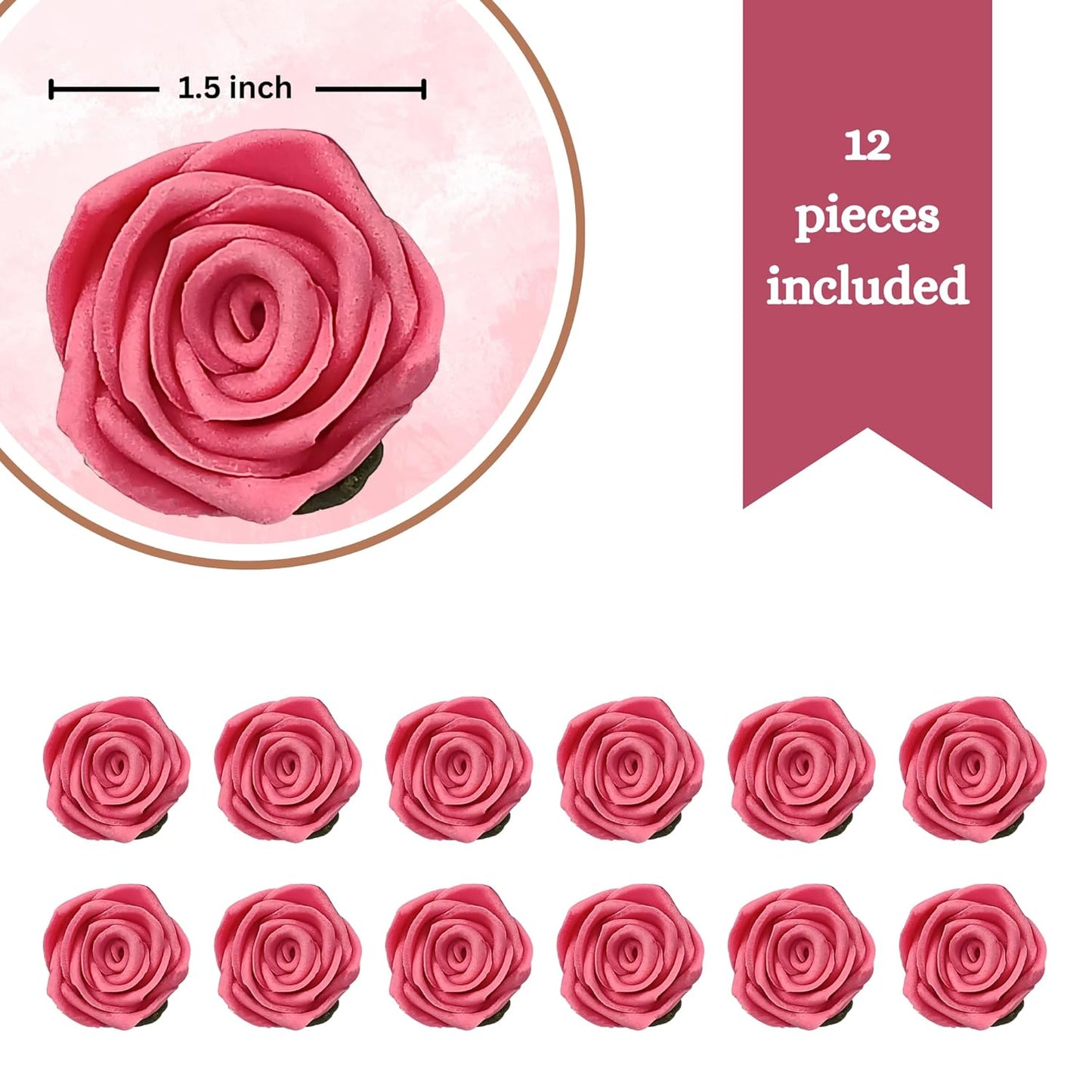 Confect Edible Pink Flamingo Rose Toppers – Edible Roses for Cake Decorating – Vibrant Floral Toppers for Desserts-Vegan, Gluten-Free, Nut-Free, Soy-Free, Dairy-Free, Palm Oil-Free - Pack of 12