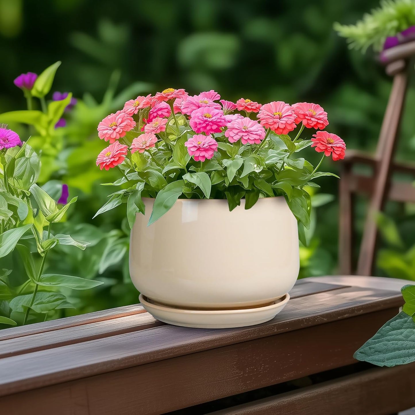 G EPGardening Ceramic Pot for Plants - 6 Inch Planter with Drainage and Ceramic Saucer, Flower Pots for Indoor Plants, Modern Outdoor Planter, Home Decor, Gift for Women Men, Beige