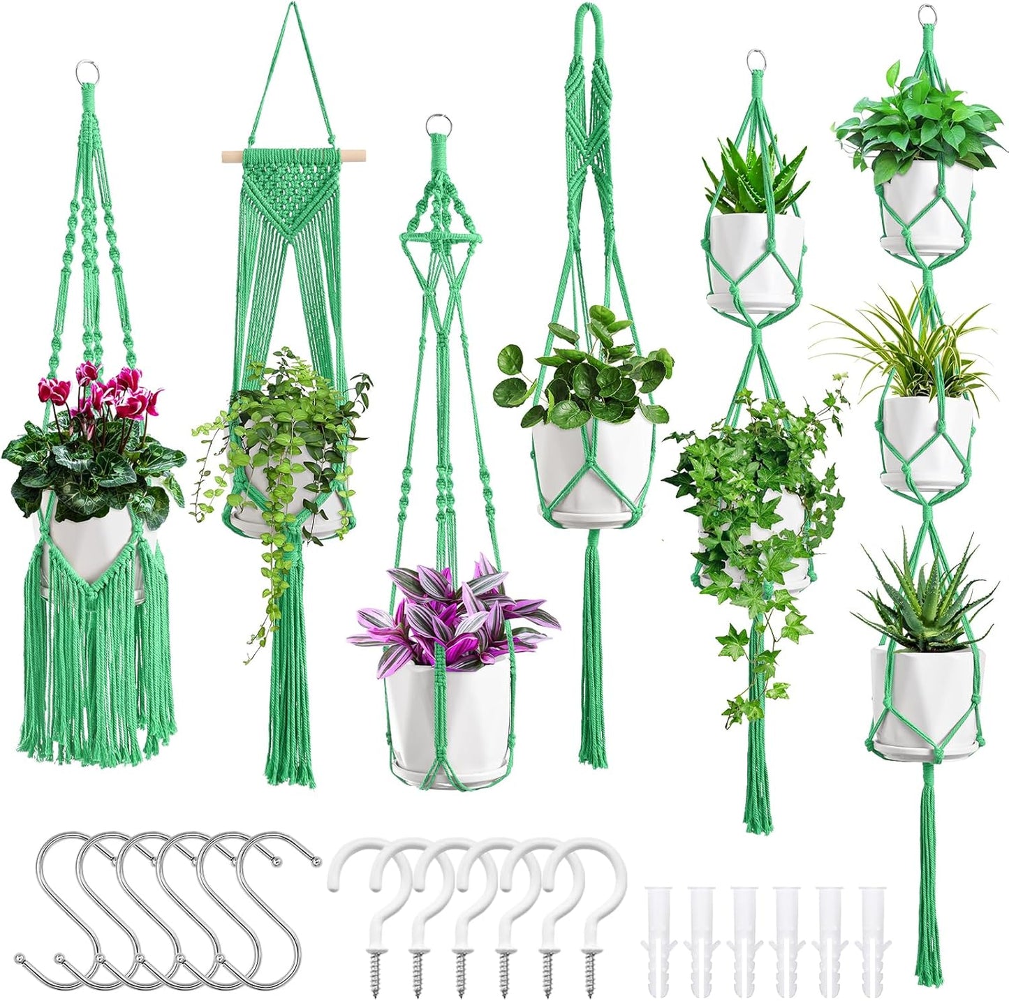 Macrame Plant Hangers, 6Pack Hanging Planters for Indoor Plants w/ 6 Set Hangers Kit Handmade Macromay Plant Hangers Indoor Flower Pots Holder Stand for Boho Home Décor (POTS NOT Included)