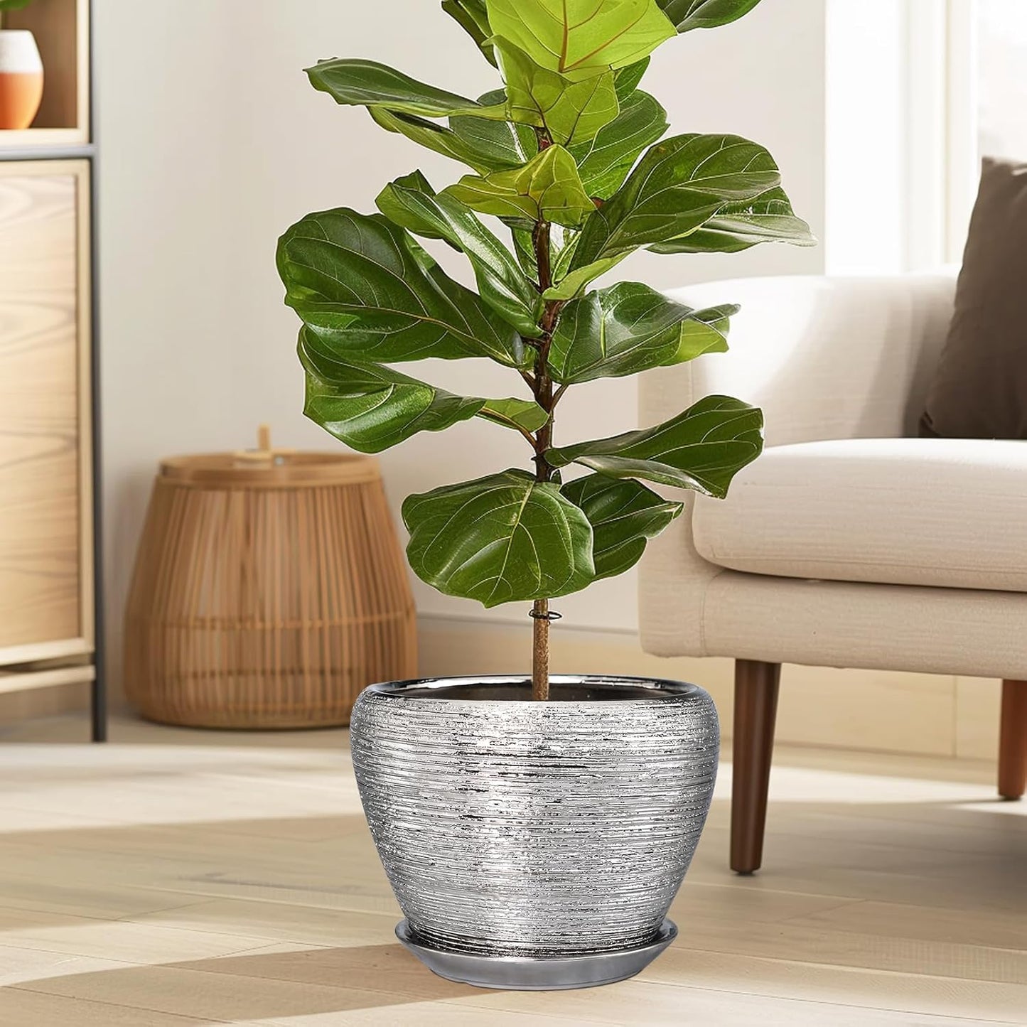Pot for Plants 8 Inch - Ceramic Plant Pot Indoor with Drainage Hole and Saucer Decorative Planter for Indoor Plants Modern Round Flower Pot for Home Decor Silver