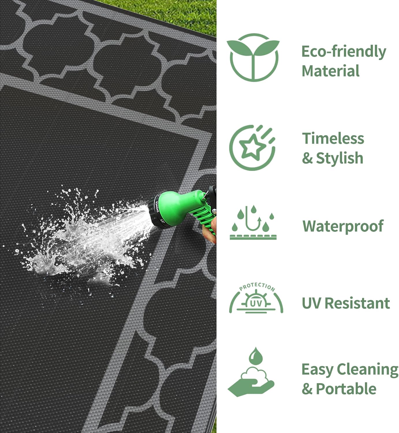 GENIMO 10 ' x 14 ' Outdoor Rug Waterproof for Patio Decor, Foldable Reversible Plastic Straw Area Rugs Mat for Camper, Outside Carpet for Rv, Deck, Porch, Picnic, Beach, Balcony, Black & Grey