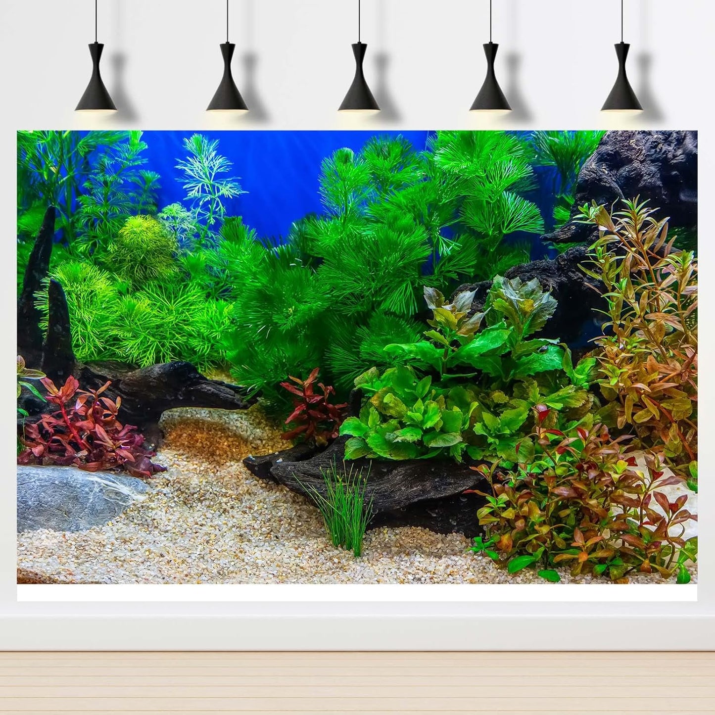Aquarium Background Underwater Grass Leaves with Pebble Aquarium Backdrop Vivid and Fresh Green Aquatic Plant Stone River Bed and Lake Fish Deadwood Tank Background Decor Vinyl 72x16in