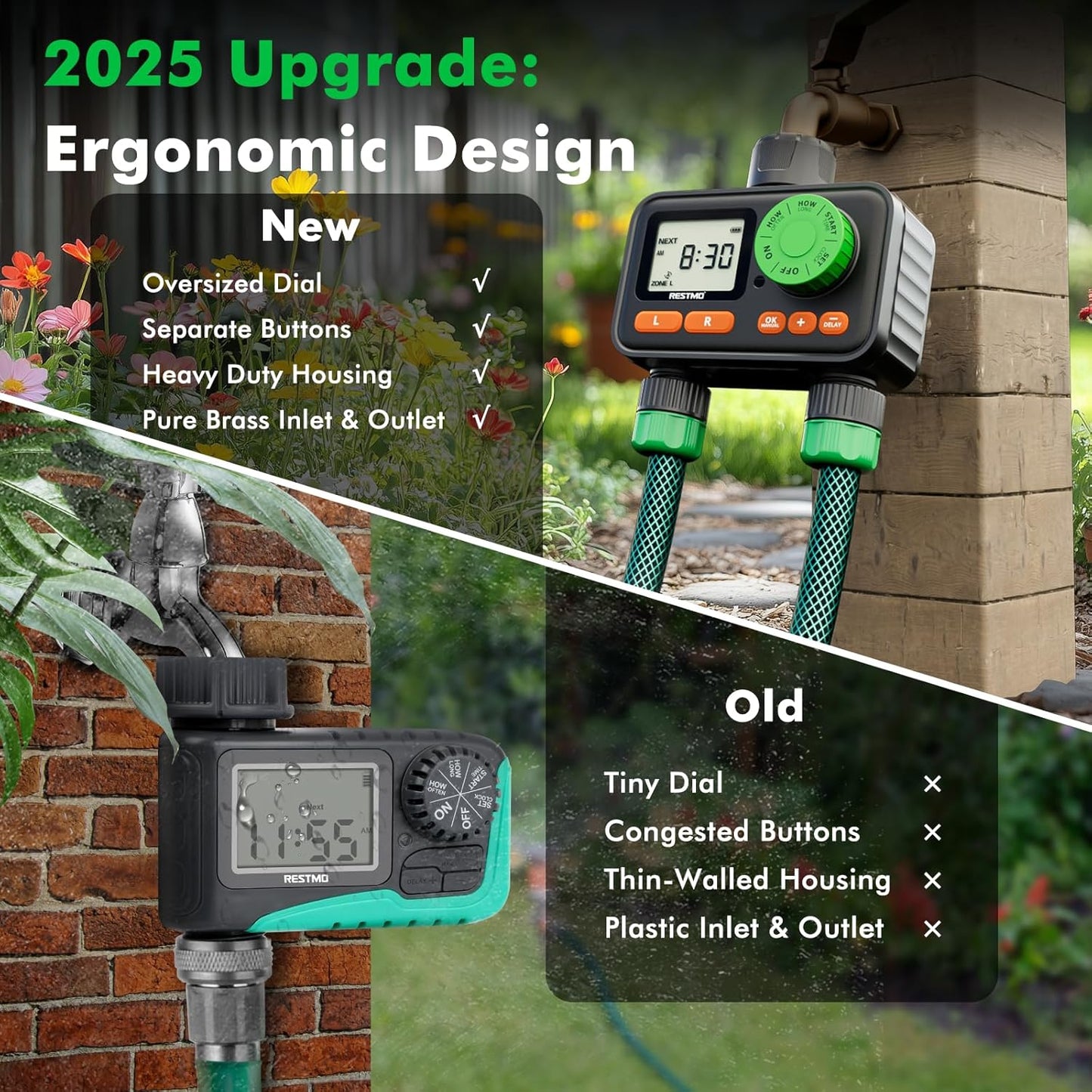 RESTMO RF Remote Controlled Sprinkler Timer with Brass Inlet & Outlet, Water Timer for Garden Hose, Automatic/Manual/Rain Delay for Outdoor Faucet, Drip Irrigation and Lawn Watering, 2 Outlet