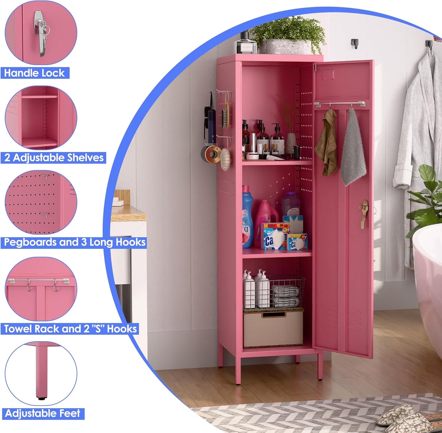 METAN Metal Storage Lockers with Handle Lock and 2 Adjustable Shelves,Office Storage Locker with Pegboards and Hooks,Assembly Required,Pink