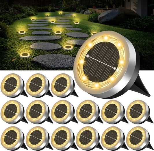 Mini Solar Ground Lights Outdoor 16 Pack Waterproof Upgraded Anti-Rust Solar Flat Garden Lights Stainless Steel Solor Powered Disc Landscape Light for Pathway Walkway Yard Lawn Patio-Warm White