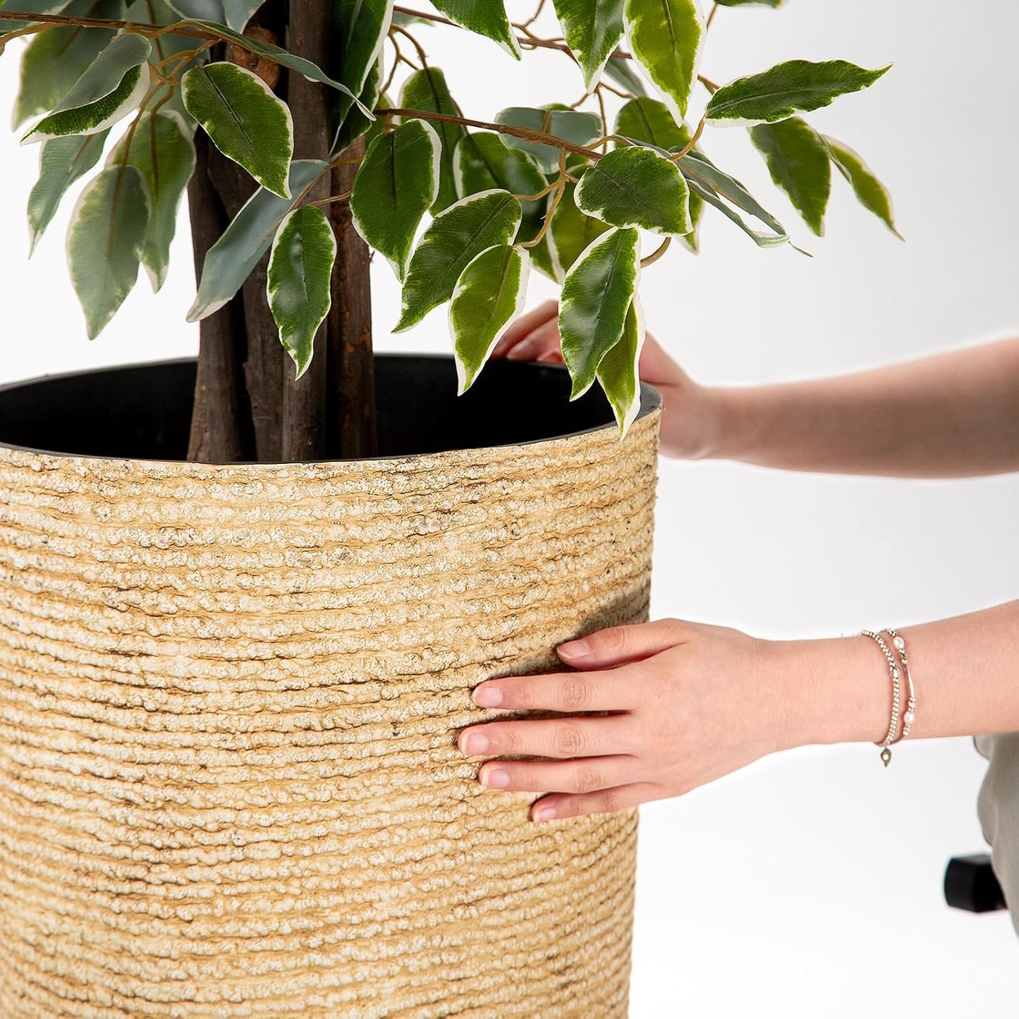 QCQHDU 9 Gallon Tall Large planters for Outdoor/Indoor Plants of 12" Dia x 21" H Round Flower Pots Set Faux Stone Finish Front Door Patio Square Porch Planters with Tray, Beige