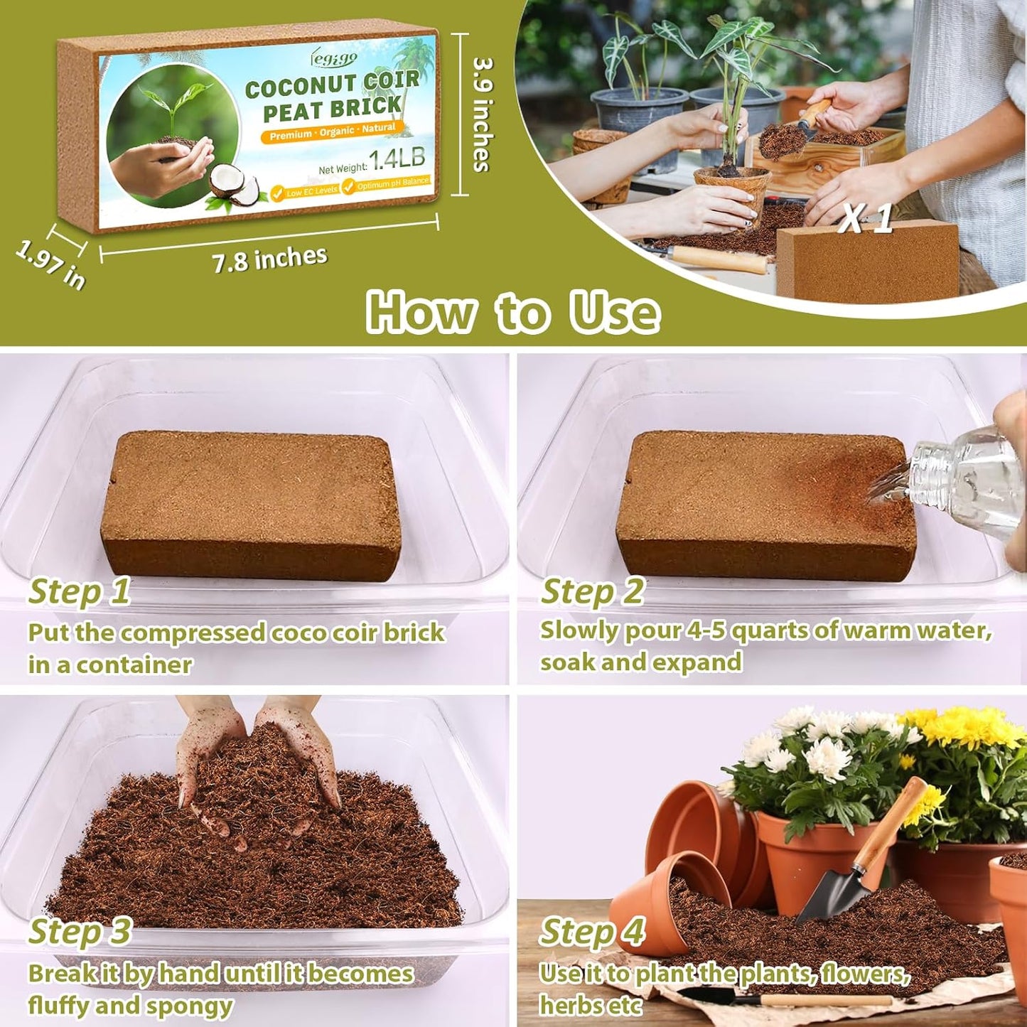 Legigo Pack of 1 Organic Coco Coir Bricks- 100% Natural Compressed Coco Peat Brick Coconut Fiber Substrate with Low EC& pH Balance, Coir Plant Soil Enhance Root Growth for Herbs, Flowers, House Plants