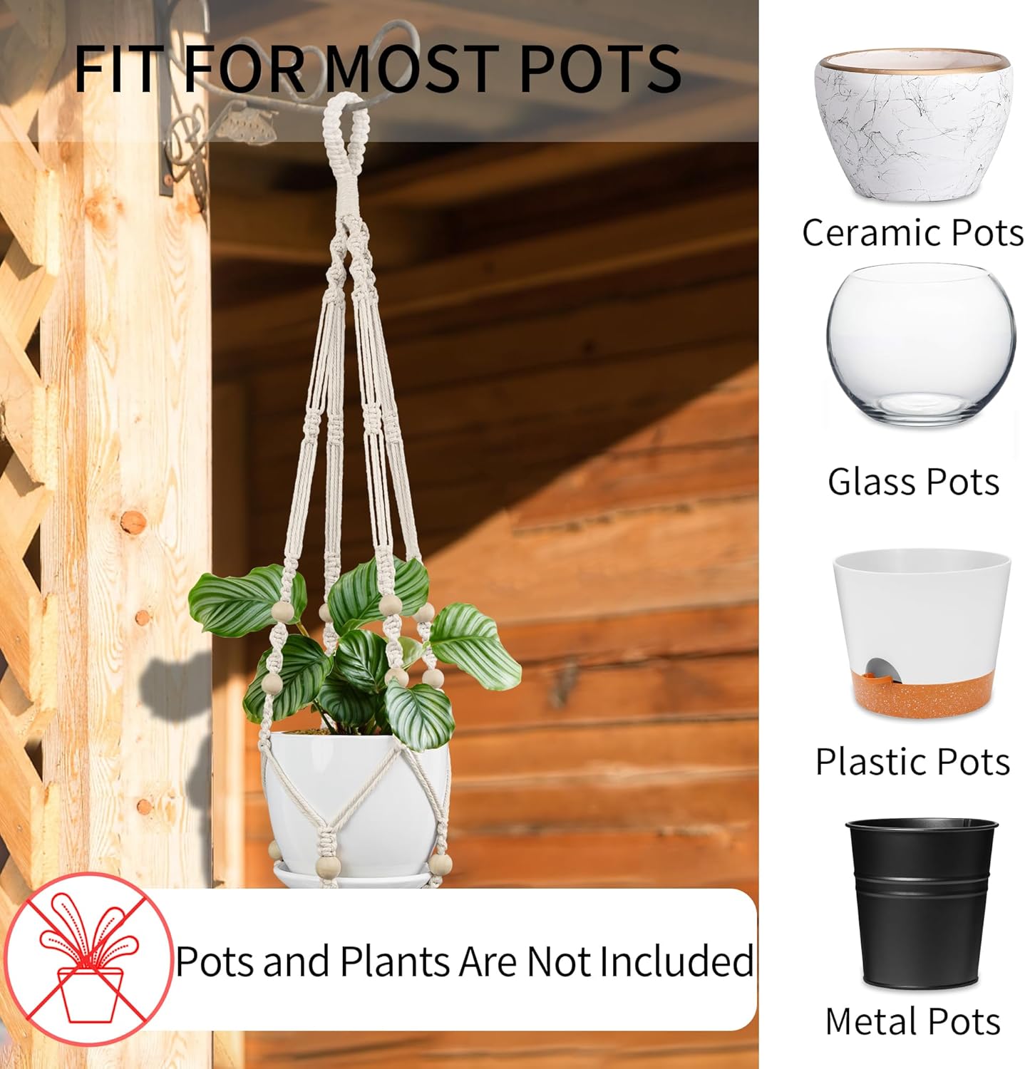 3 Pack Macrame Plant Hanger - 43"/35"/29" Different Sizes, Hanging Planter Basket Flower Pot Holder for Indoor Outdoor, with Wood Beads, Boho Home Decor, Ivory (POTS NOT Included)