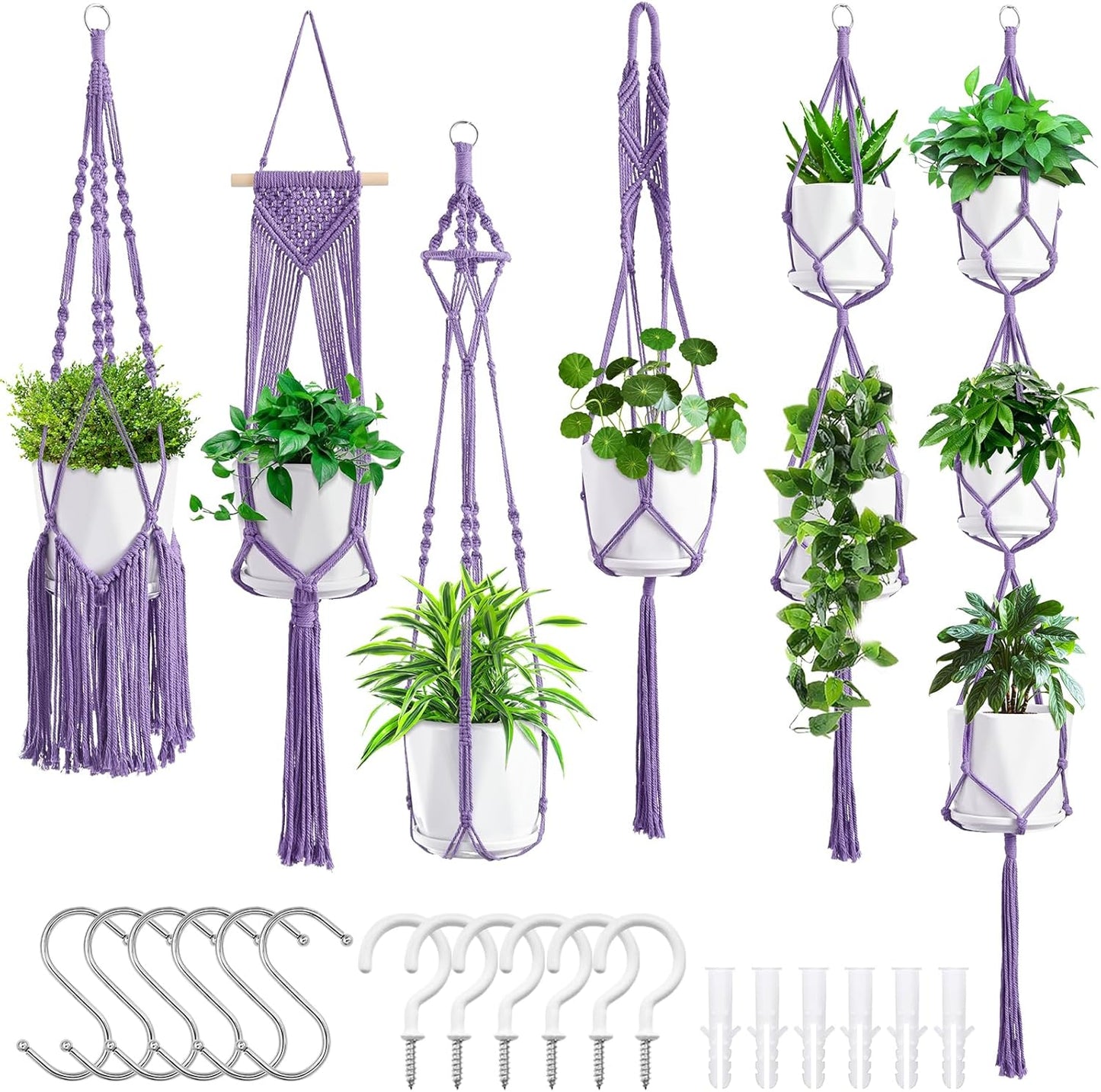 Macrame Plant Hangers, 6Pack Hanging Planters for Indoor Plants w/ 6 Set Hangers Kit Handmade Macromay Plant Hangers Indoor Flower Pots Holder Stand for Boho Home Décor (POTS NOT Included)