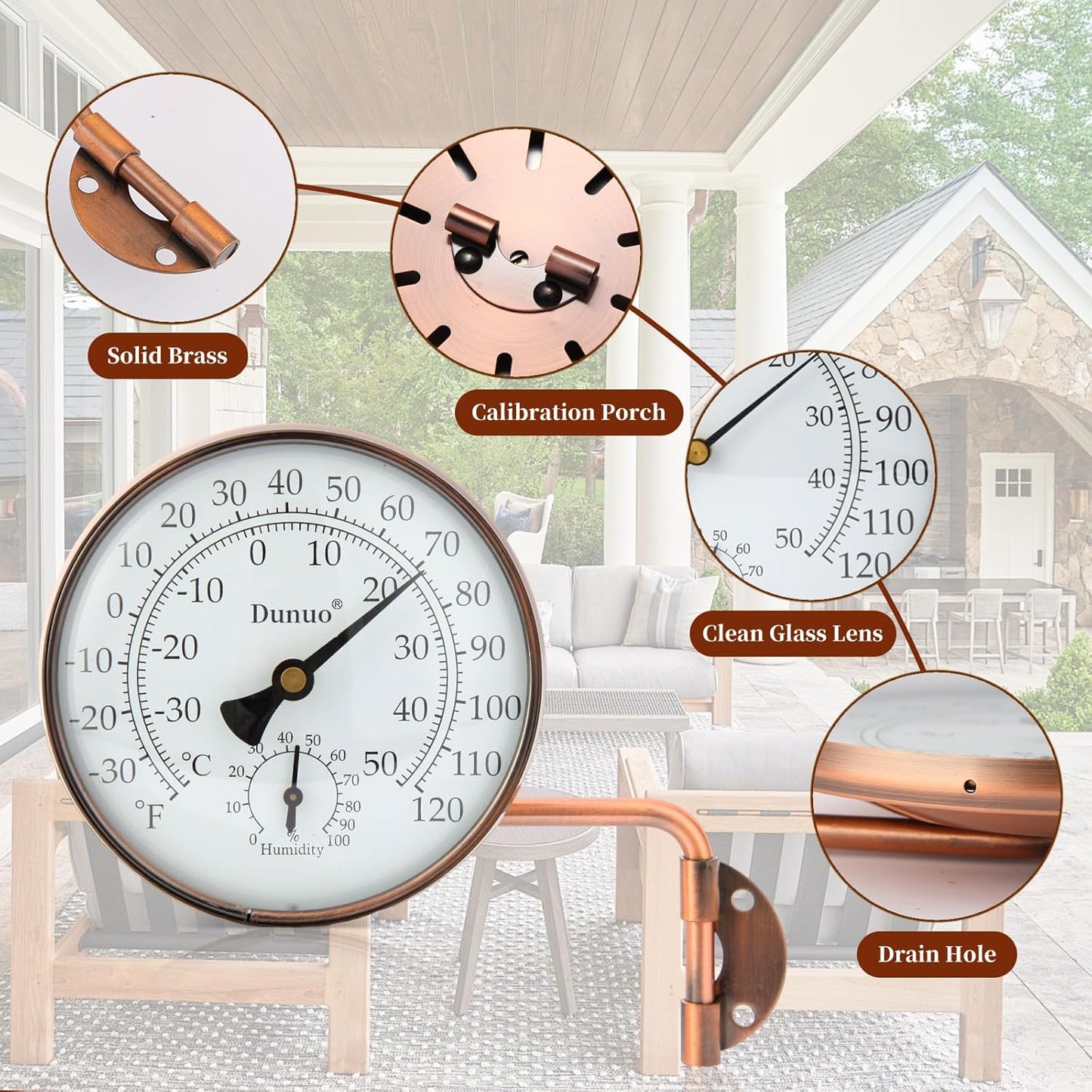 4-Inch Copper Outdoor Thermometer - Analog Temperature Gauge for Patio, Greenhouse and Garage. Decorative, Weather-Resistant, Solid Brass Swivel Design (4inch Thermo&Hygrometer)