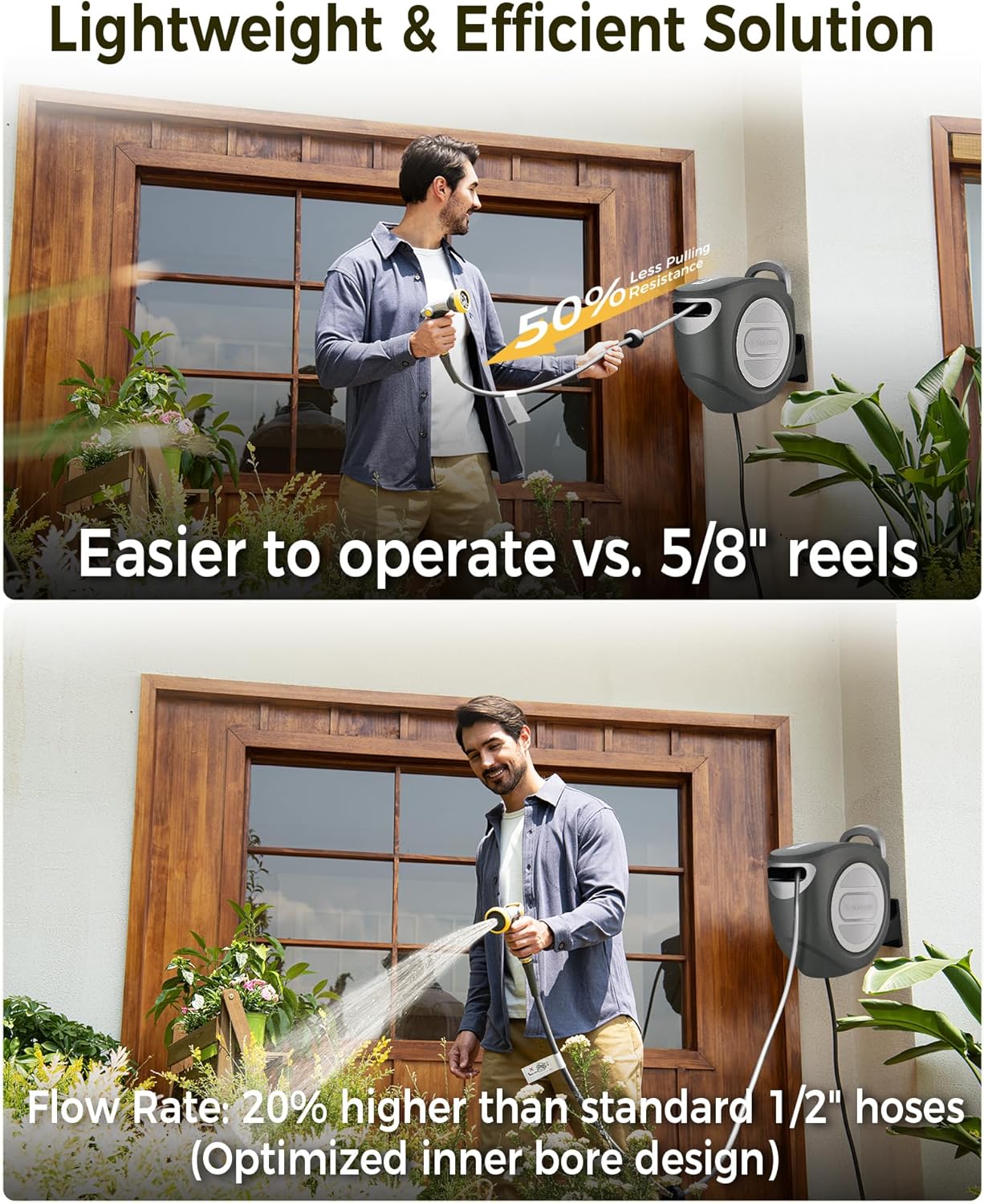 Retractable Garden Hose Reel 1/2 in x 100 ft Upgraded UV Resistant Heavy Duty Automatic Hose Reel Wall Mount 3/4 in Brass Fitting 9 Pattern Nozzle Any Length Lock Slow Retraction 180° Swivel