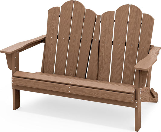 SERWALL Folding Adirondack Bench, HDPE All-Weather Adirondack Loveseat, 660 lbs Capacity, Foldable Outdoor Patio Bench for Deck, Lawn, Garden, Brown