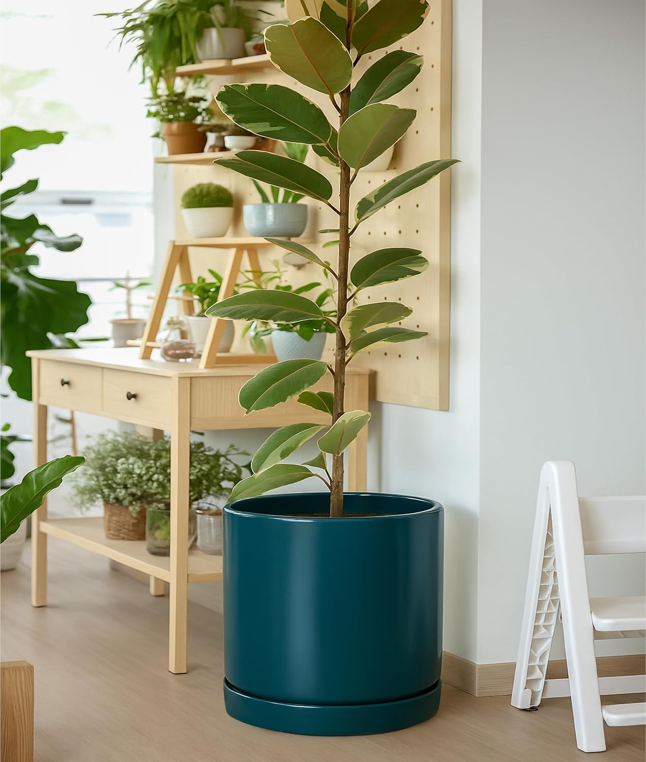 D'vine Dev 14 Inch Ceramic Planter Pot with Drainage Hole and Saucer, Indoor Cylinder Round Planter Pot, Teal, 94-O-G-9