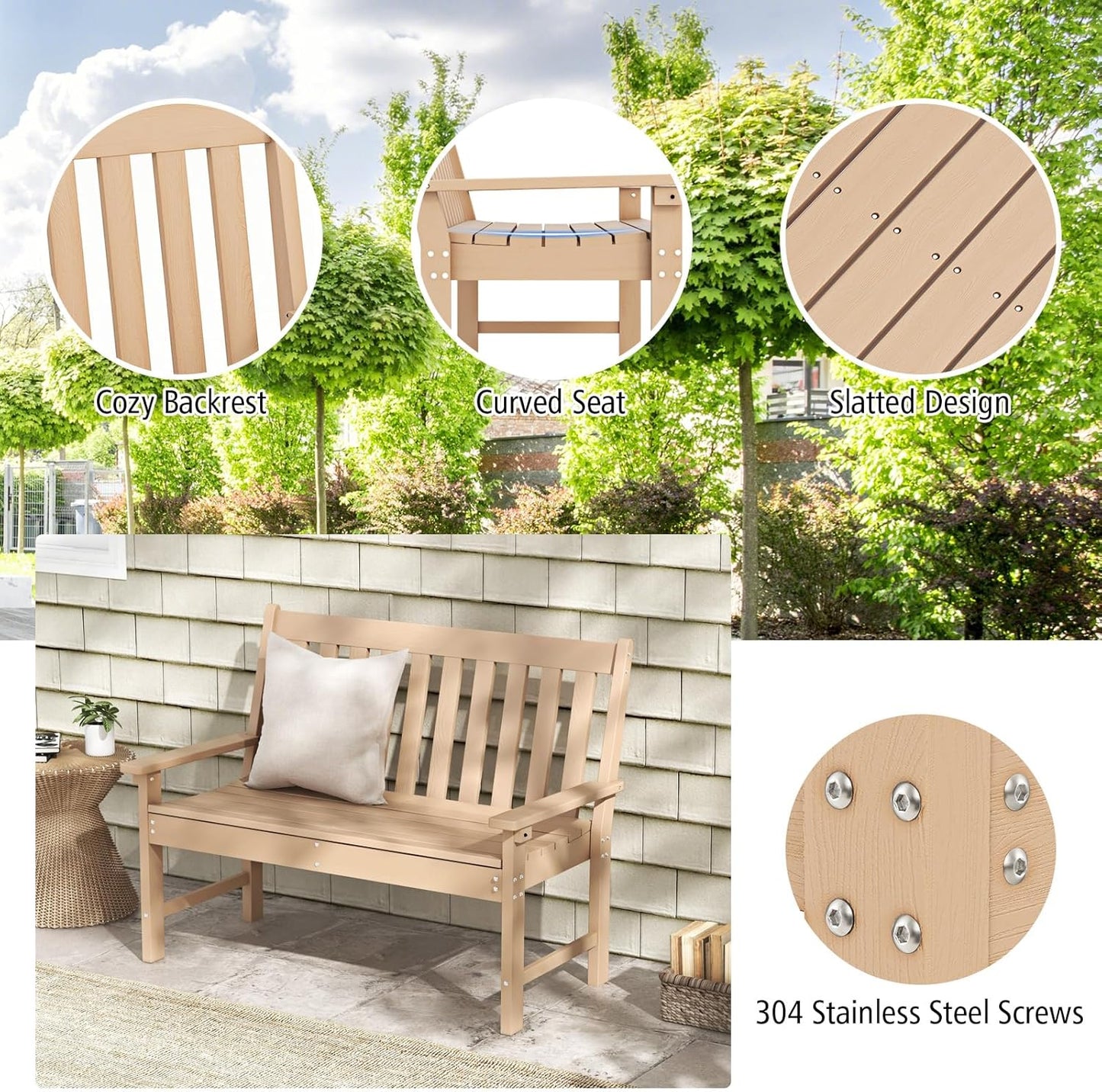 Giantex Outdoor Bench, 52-Inch Outside Bench All-Weather HDPE Park Bench with Backrest and Armrests, 705 lbs Weight Capacity, 2-Person Slatted Patio Bench for Porch, Yard, Lawn, Garden Bench (Teak)