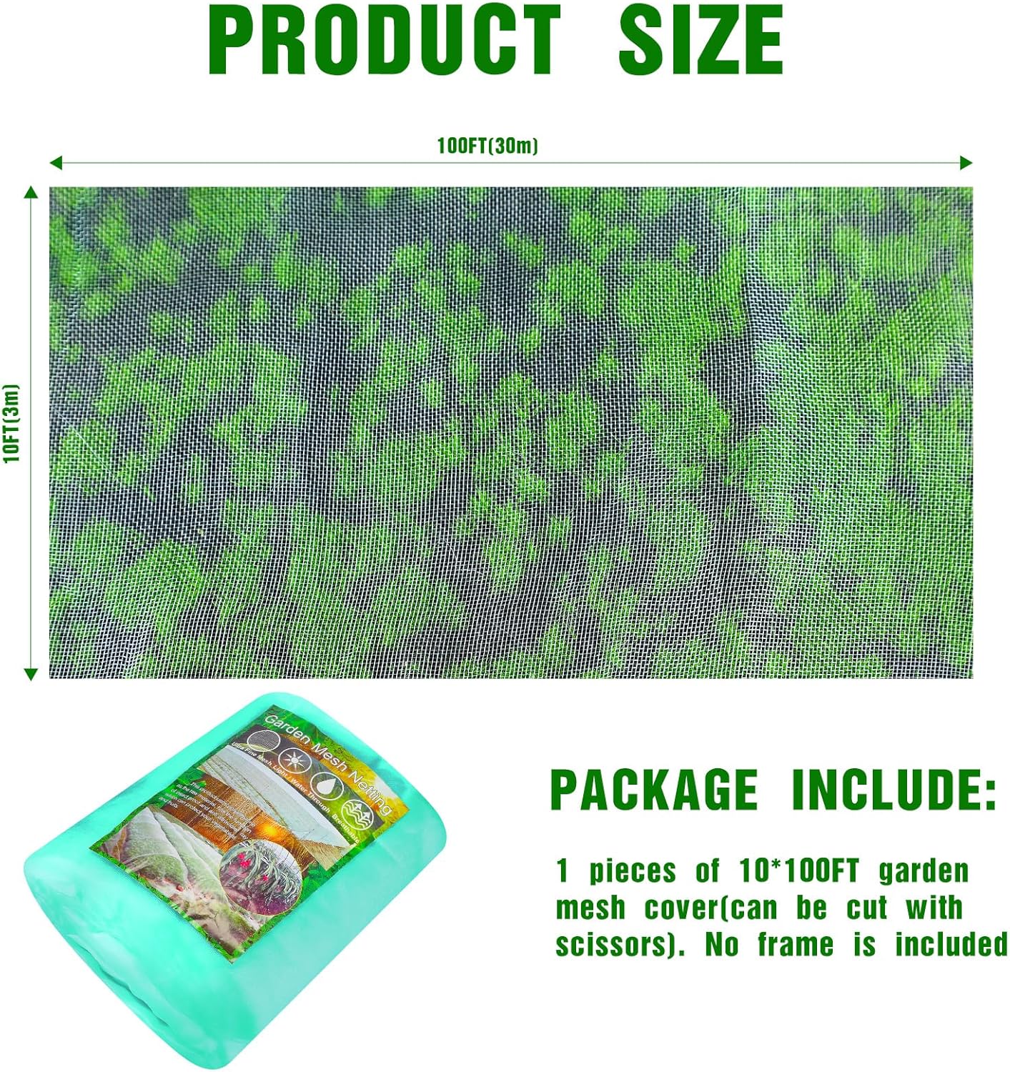 Woanger 10 x 100 ft Garden Mesh Netting Ultra Fine Plant Covers Garden Netting to Protect Vegetable Plants Fruits Flowers Crops Greenhouse Row Cover Patio Barrier Screen Protection Net (Green)