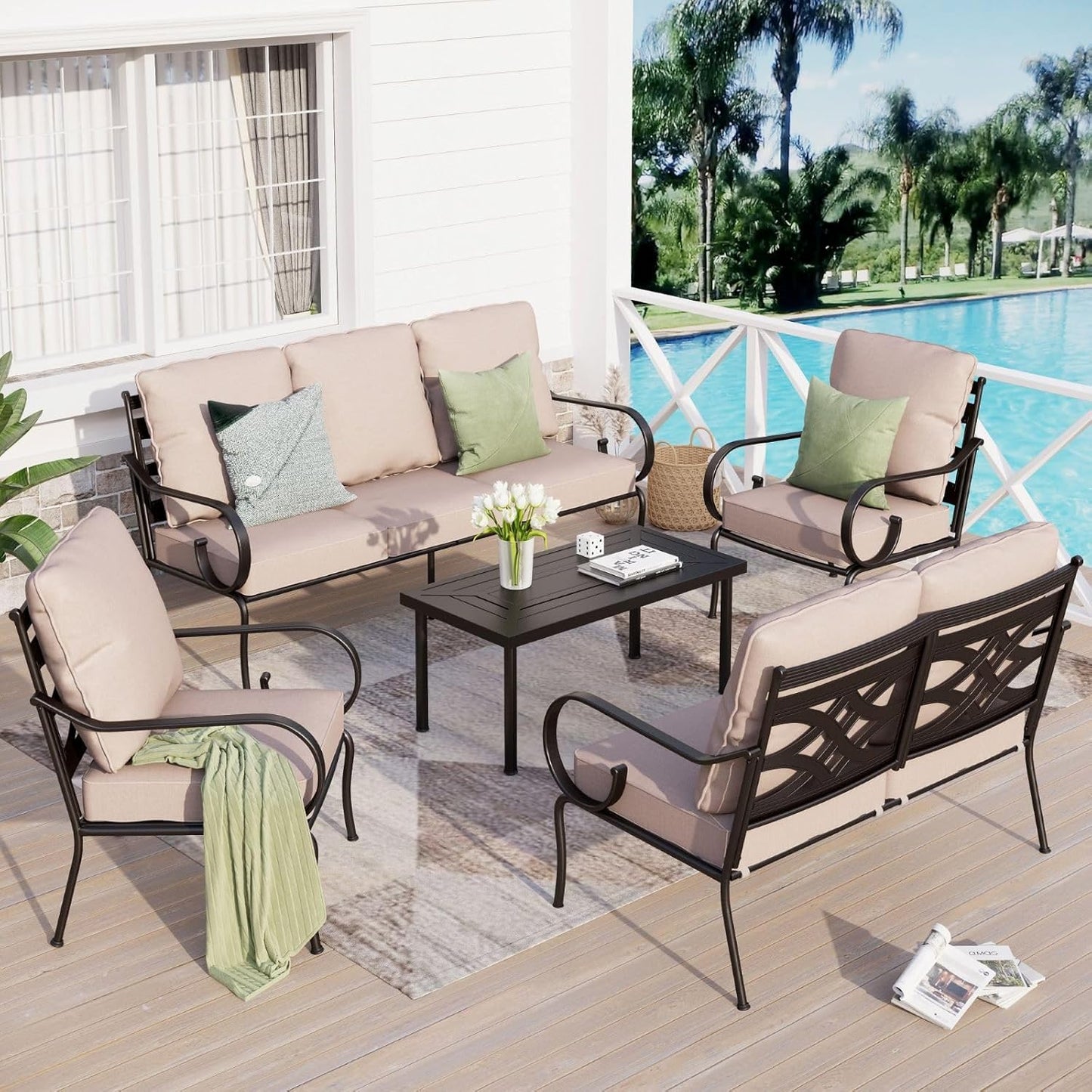Sophia & William 5 Piece Outdoor Patio Furniture Set, Patio Conversation Sets 7 Seat with 3-seat Sofa x 1, Loveseat x 1, Cushioned Chair x 2, Metal Coffee Table x 1 for Backayrd Lawn, Beige