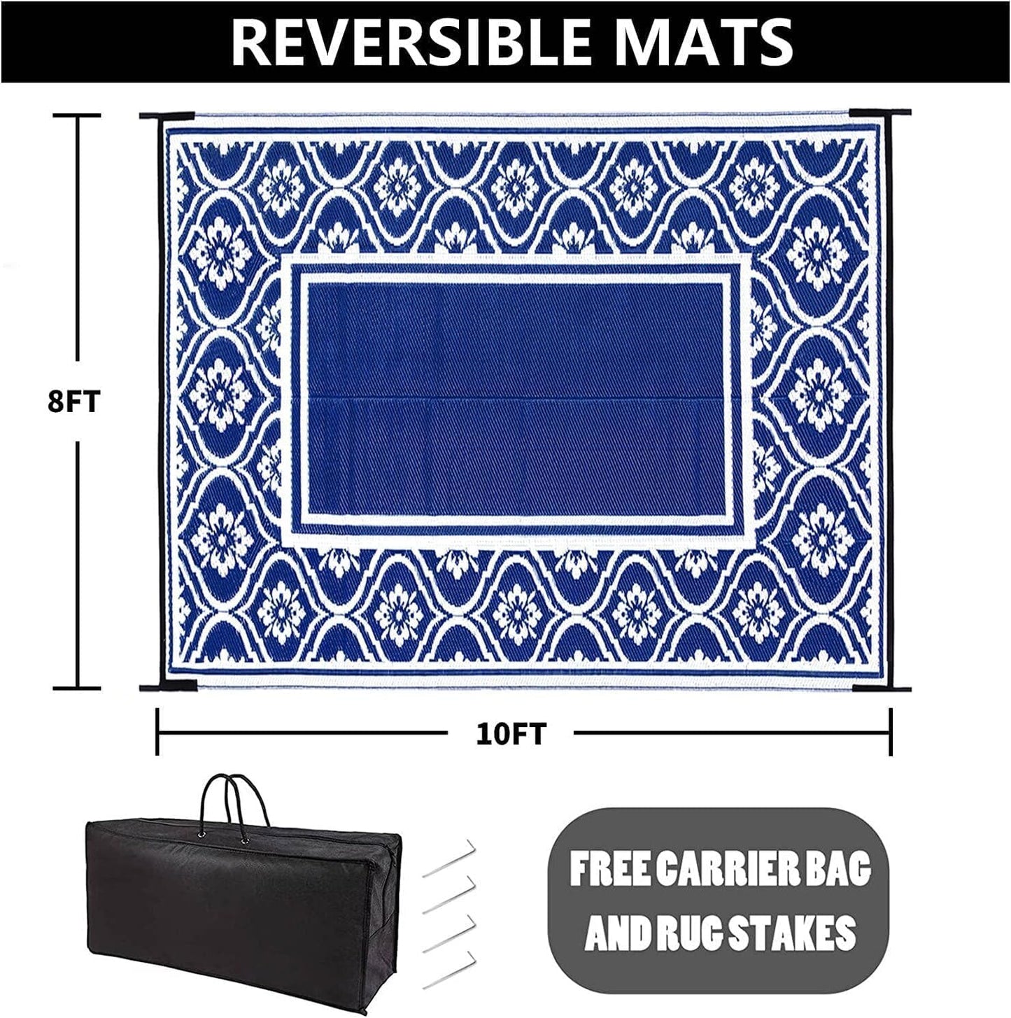 Outdoor Rug 8x10 Patio Waterproof Mat Camping Carpet Outside Area Rug Reversible Light Blue Rugs for RV Deck Entryance Porch Picnic Balcony Beach