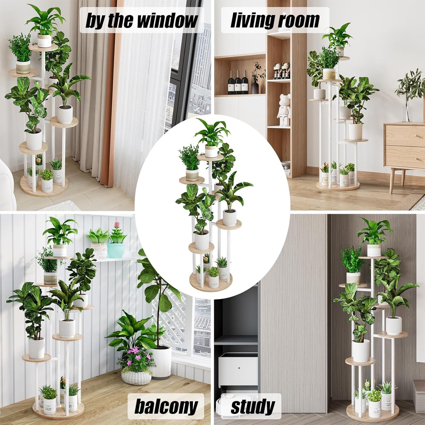 Plant Stand Indoor 6 Tier 9 Potted Multiple Flower Pot Holder for Patio Garden Balcony Living Room Corner (6 Tier White+Sonoma Oak)