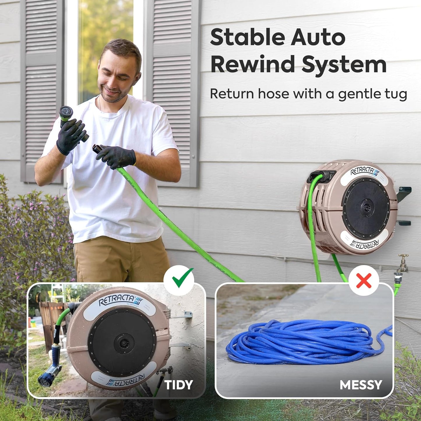 Macnaught Retractable Garden Hose Reel, 82 Ft Water Hose Reel Heavy Duty Retractable Hose with Metal 180° Swivel Rotation Bracket for Wall Mount - Beige