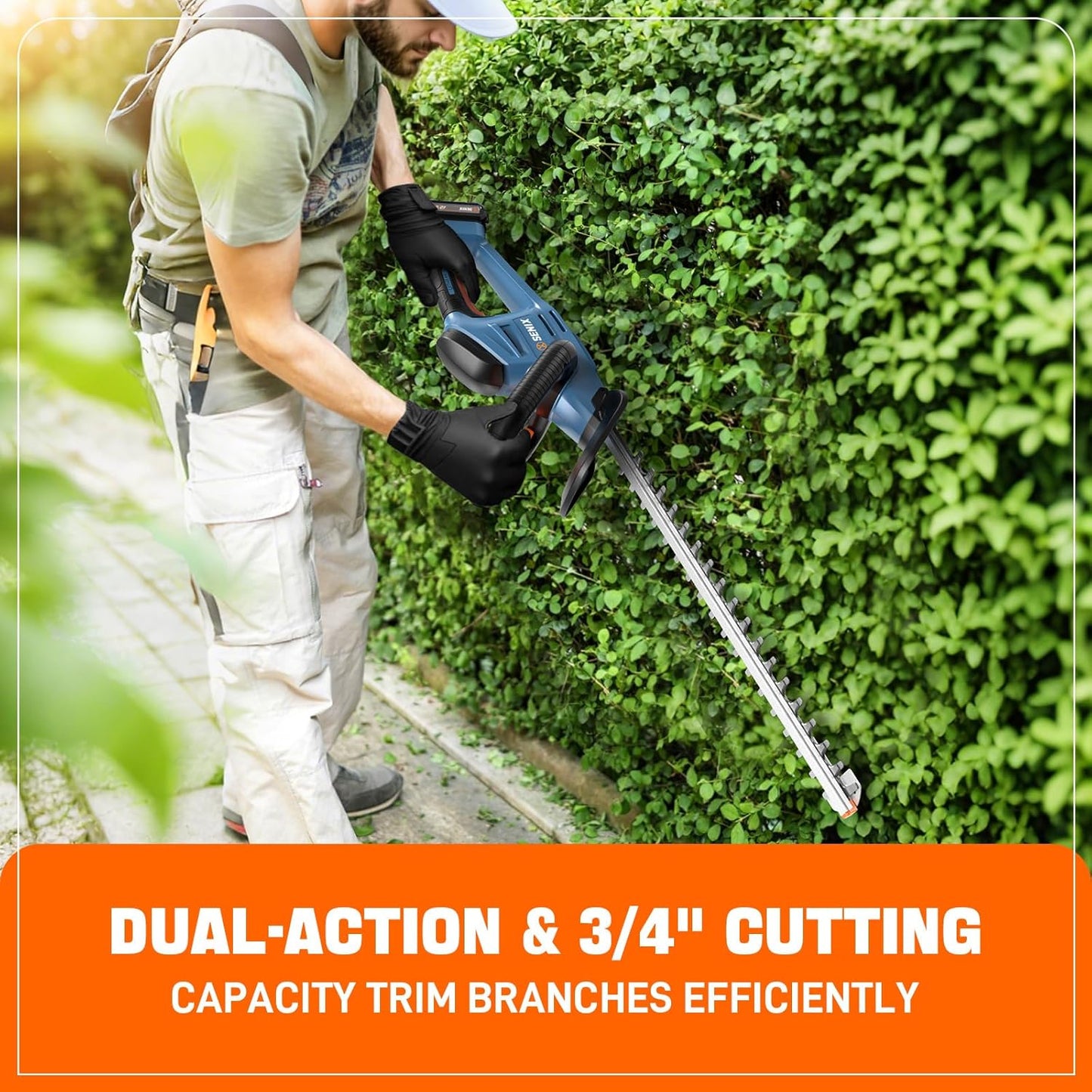 SENIX X2 20 Volt Max* 18-Inch Battery Powered Cordless Hedge Trimmer, Brushless Motor, Double-Sided Dual Action Blades, 3/4" Cutting Capacity, Includes Blade Cover, 2.5 Ah Battery & Charger (HTX2-M)