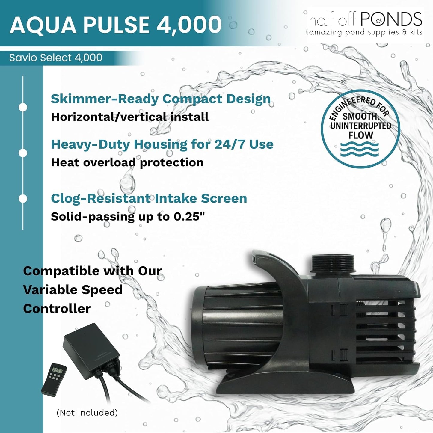 HALF OFF PONDS Savio Select 4,000 GPH Submersible Pump Pond Kit with 15' x 25' PVC Plastic Pond Liner for Water Garden & Koi Pond