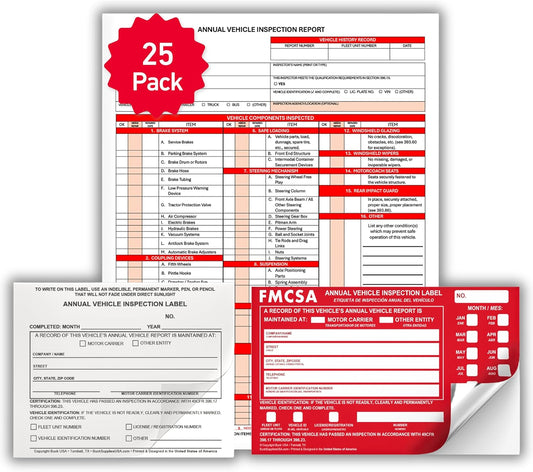 25 Pack 3-Ply Carbonless Annual Vehicle Inspection Report Forms with FMCSA Red Aluminum Labels & White Mylar Laminate Vinyl Labels, DOT Inspection Forms and Stickers, Shrink-Wrapped, 8.5" x 11.75"