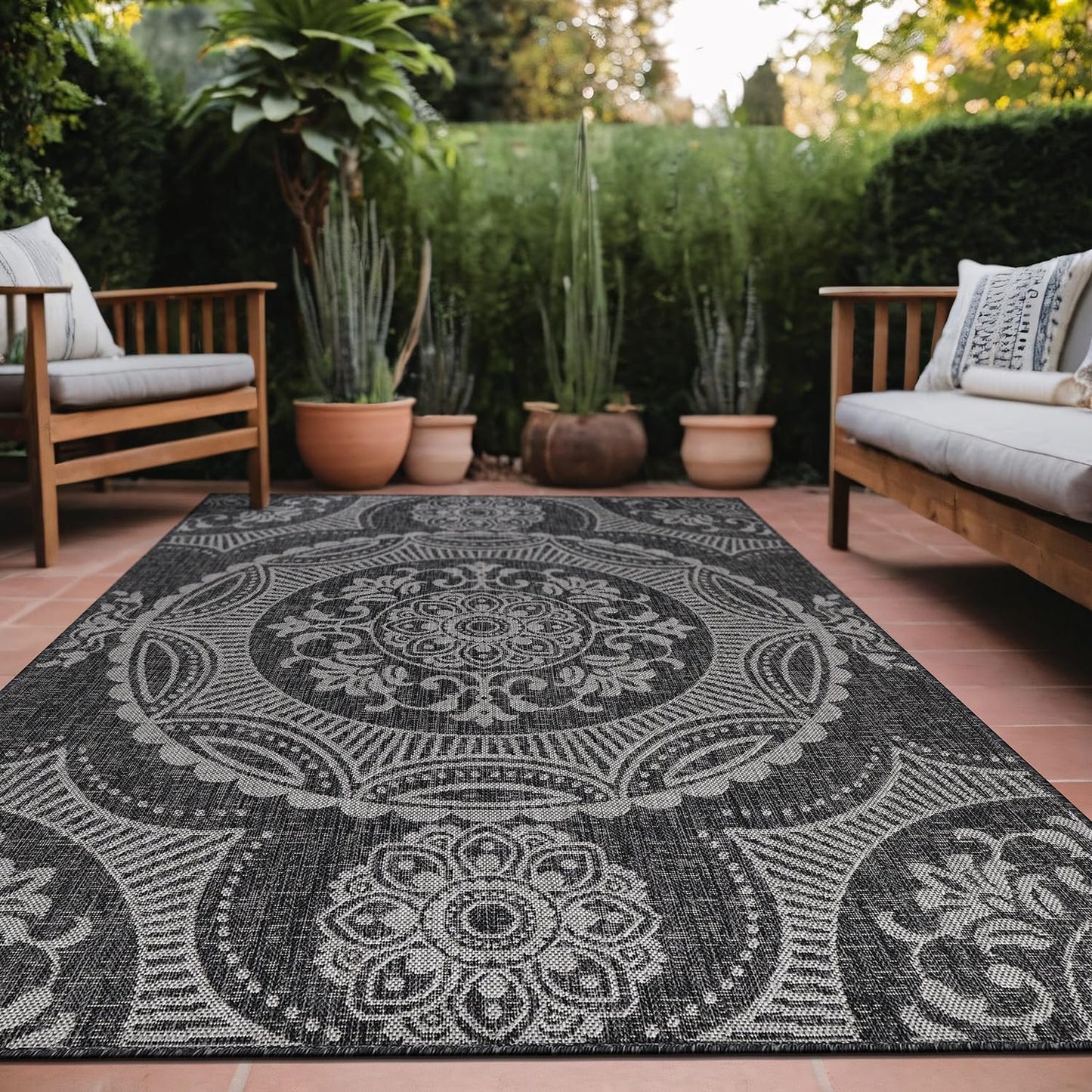 Medallion Outdoor Rug 8x10 Washable Outside Carpet for Indoor Patio Porch Waterproof Easy Cleaning Non Shedding Area Rugs Dark Gray 8 x 10