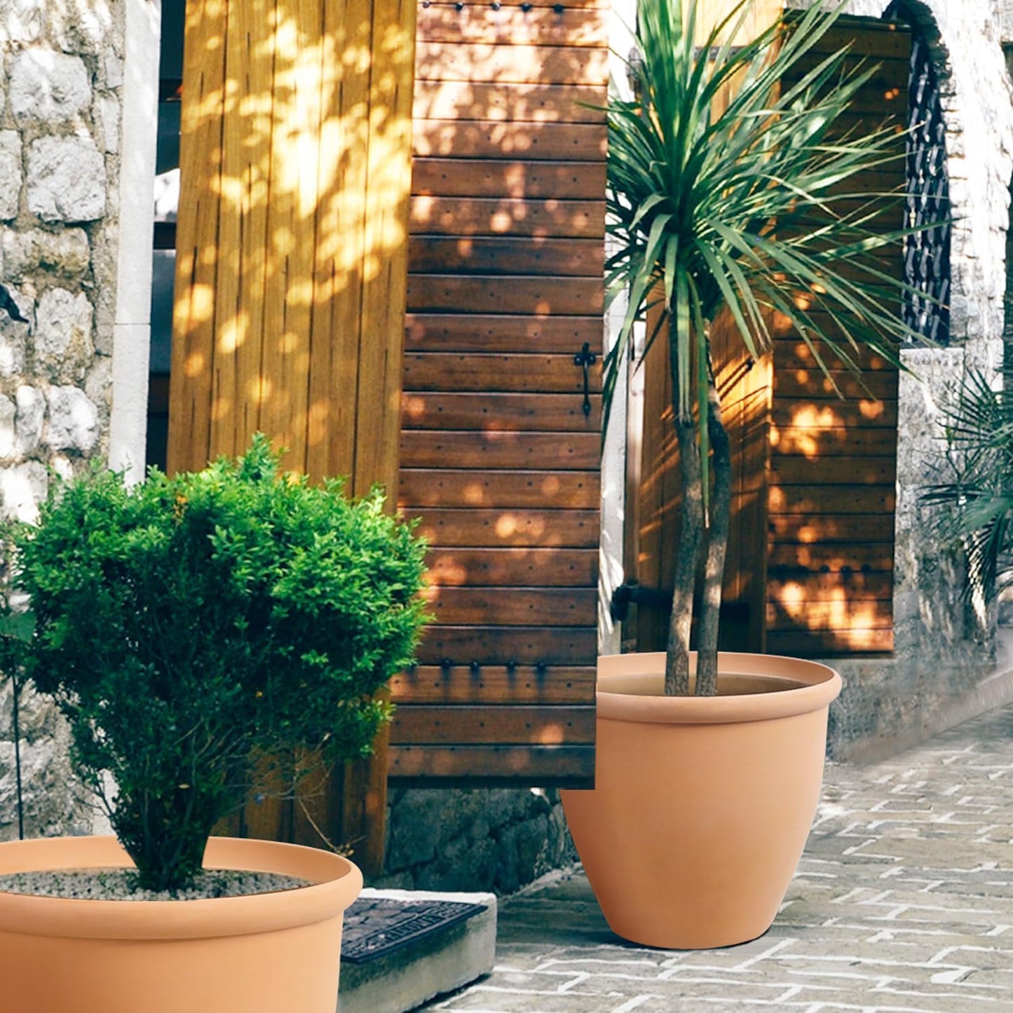 WORTH Garden 2-Pack 15" Dia. Round Planters - Large Terracotta Color Plastic Pots for Indoor & Outdoor Plants - Lightweight Decorative Flower Containers for Porch, Patio, Yard, or Deck