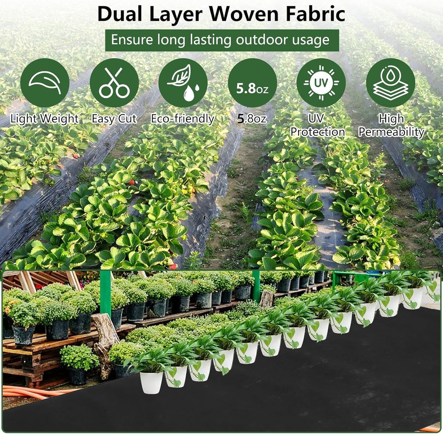 Woven Landscape Fabric 5.0oz, 5 x 300FT Weed Fabric Barrier, Double Layer, Garden Fabric Weed Barrier, Weed Control Fabric Ground Cover, Gardening Mat for Garden Beds, Landscaping