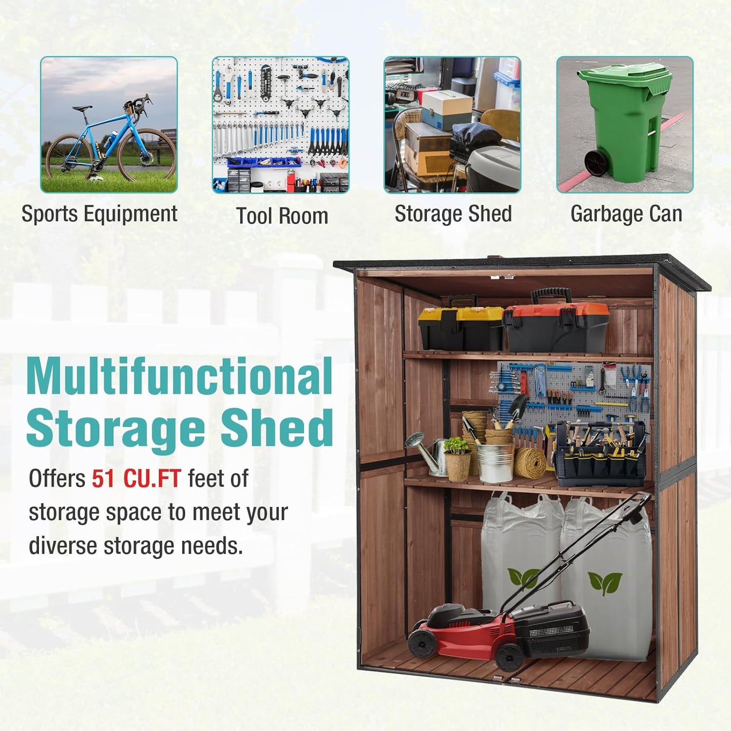 Outdoor Storage Cabinet with Adjustable Shelves, Large Metal Frame Garden Shed for Bike & Tool Storage, Lockable Waterproof Vertical Cabinet Box for Backyard, Patio, Lawn, Deck