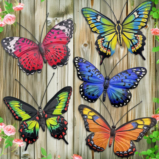 EOORAU Metal Butterfly Wall Outdoor Decor - 5 Pack Metal Butterflies Wall Art Sculpture Hanging Decor for Home Yard Patio Garden Decorations