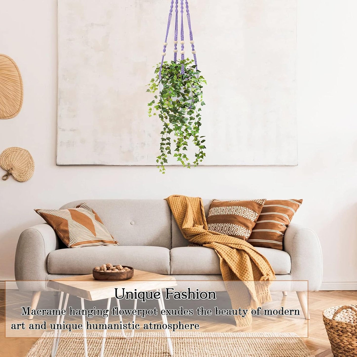 Augshy Macrame Hanging Planter, Hanging Planters for Indoor Outdoor Home Decor, Hanging Plant Holder No Tassels Set of 2 with 4 Hooks